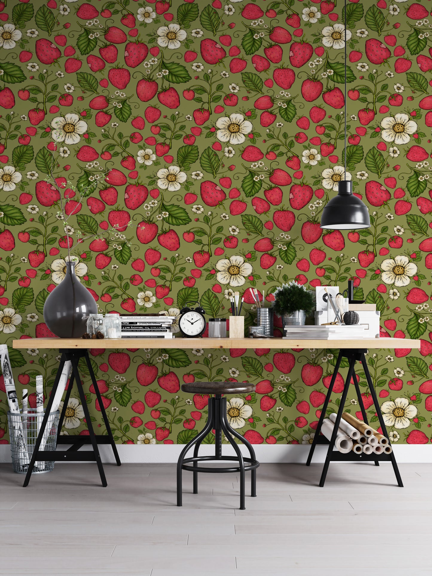 Cheerful pink strawberry wallpaper perfect for natural decor.
