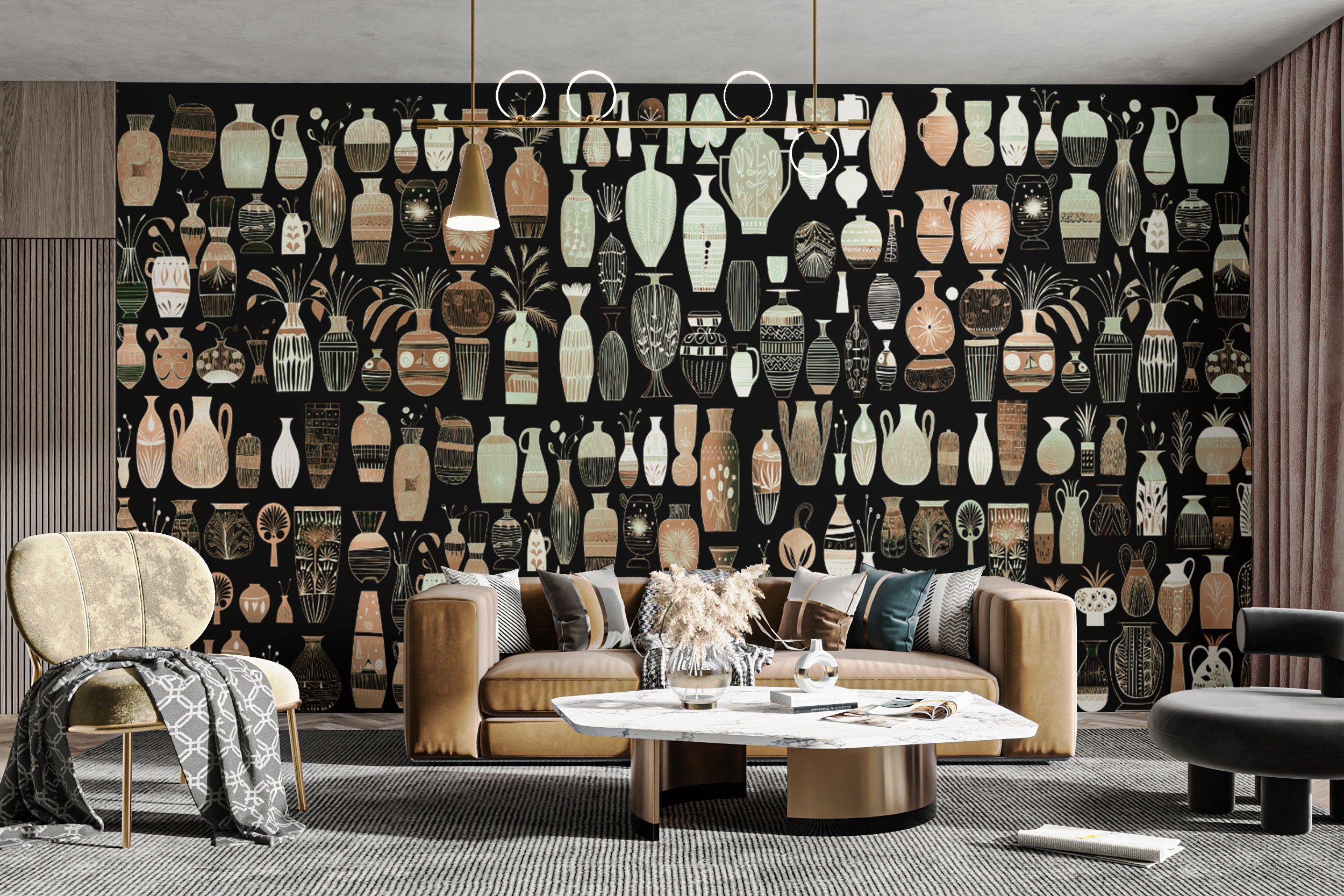 Woodcut vase design wallpaper murals for artistic spaces.
