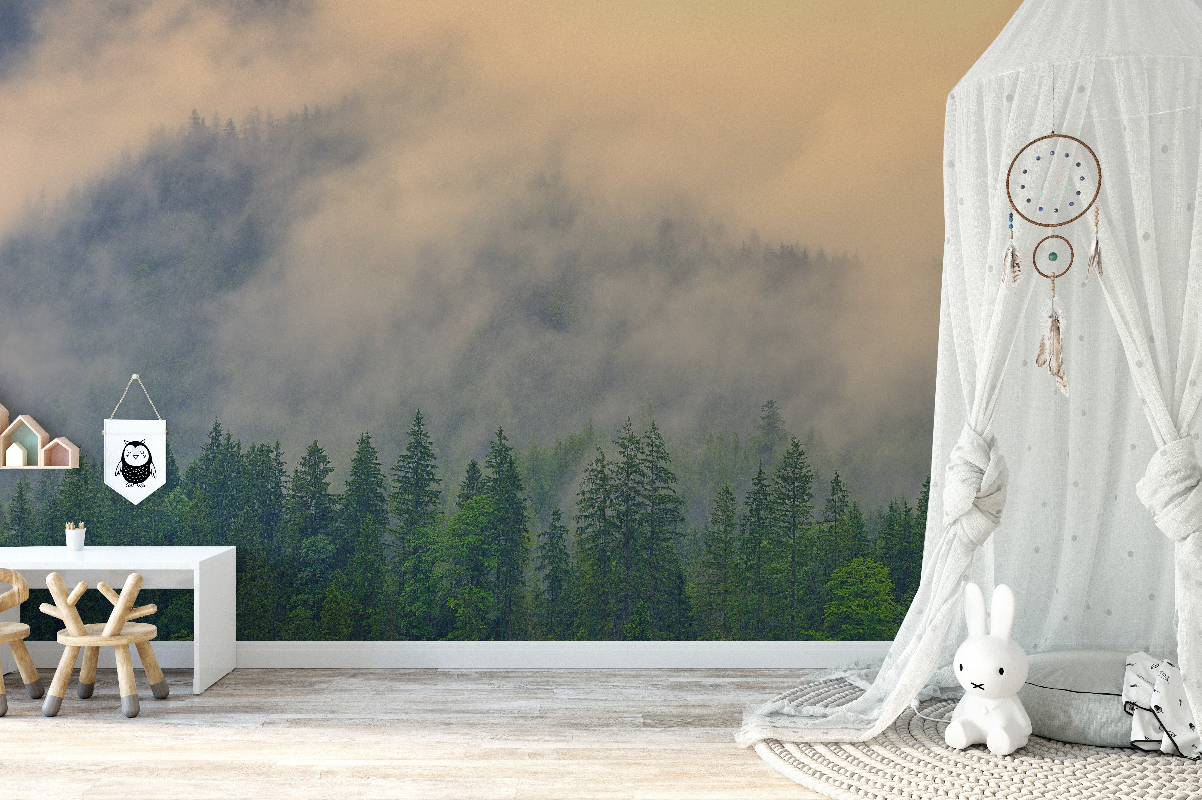 Elegant pine tree wallpaper mural with a foggy landscape.
