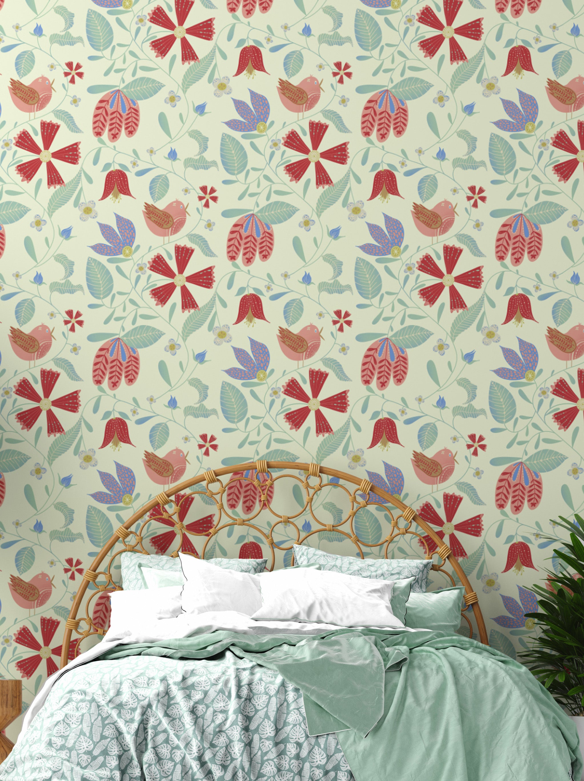 Stylish wallpaper showcasing hand-drawn folksy bird patterns.
