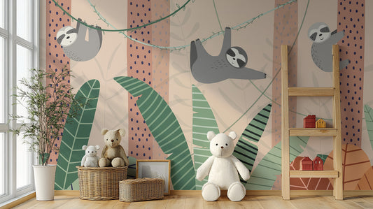 Adorable cartoon sloth wall mural design