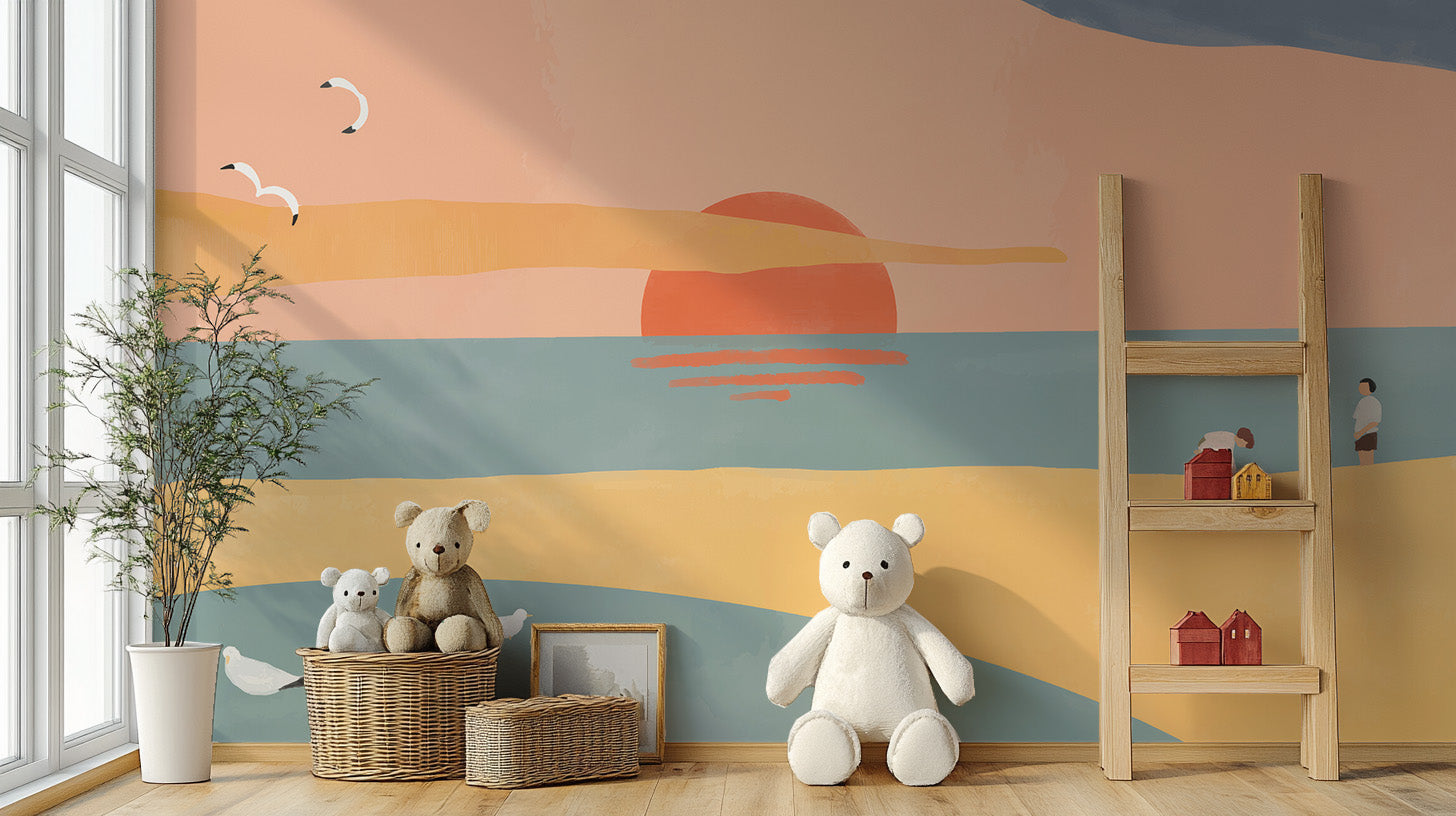 Dreamy sunrise-themed mural for tranquil kidsroom decor.