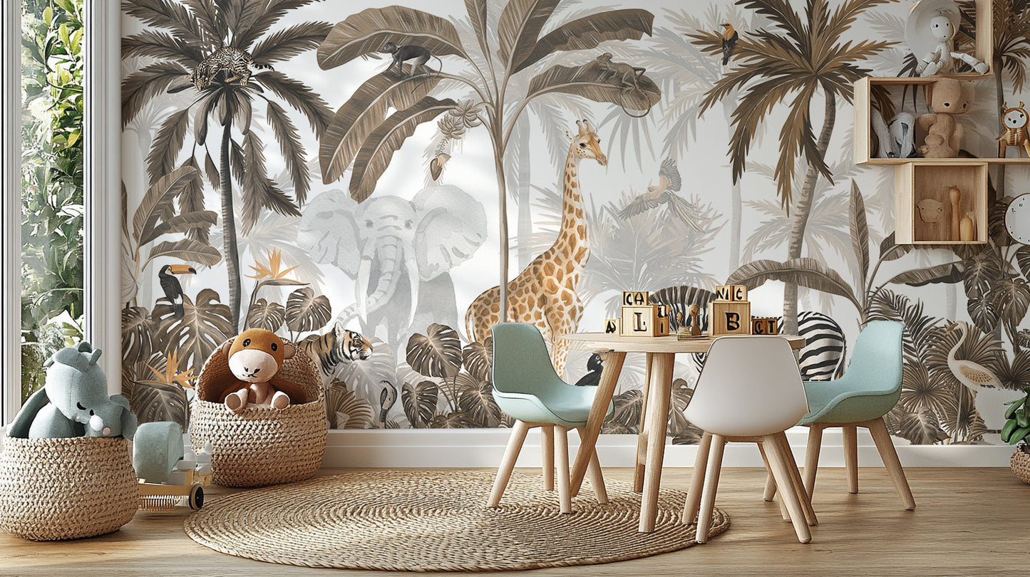 Tropical Jungle Wild Animals Trees Wallpaper Mural