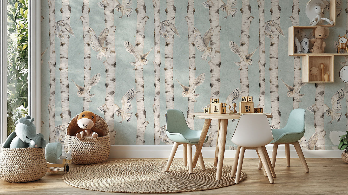 Owl Birch Forest Wallpaper - Blue