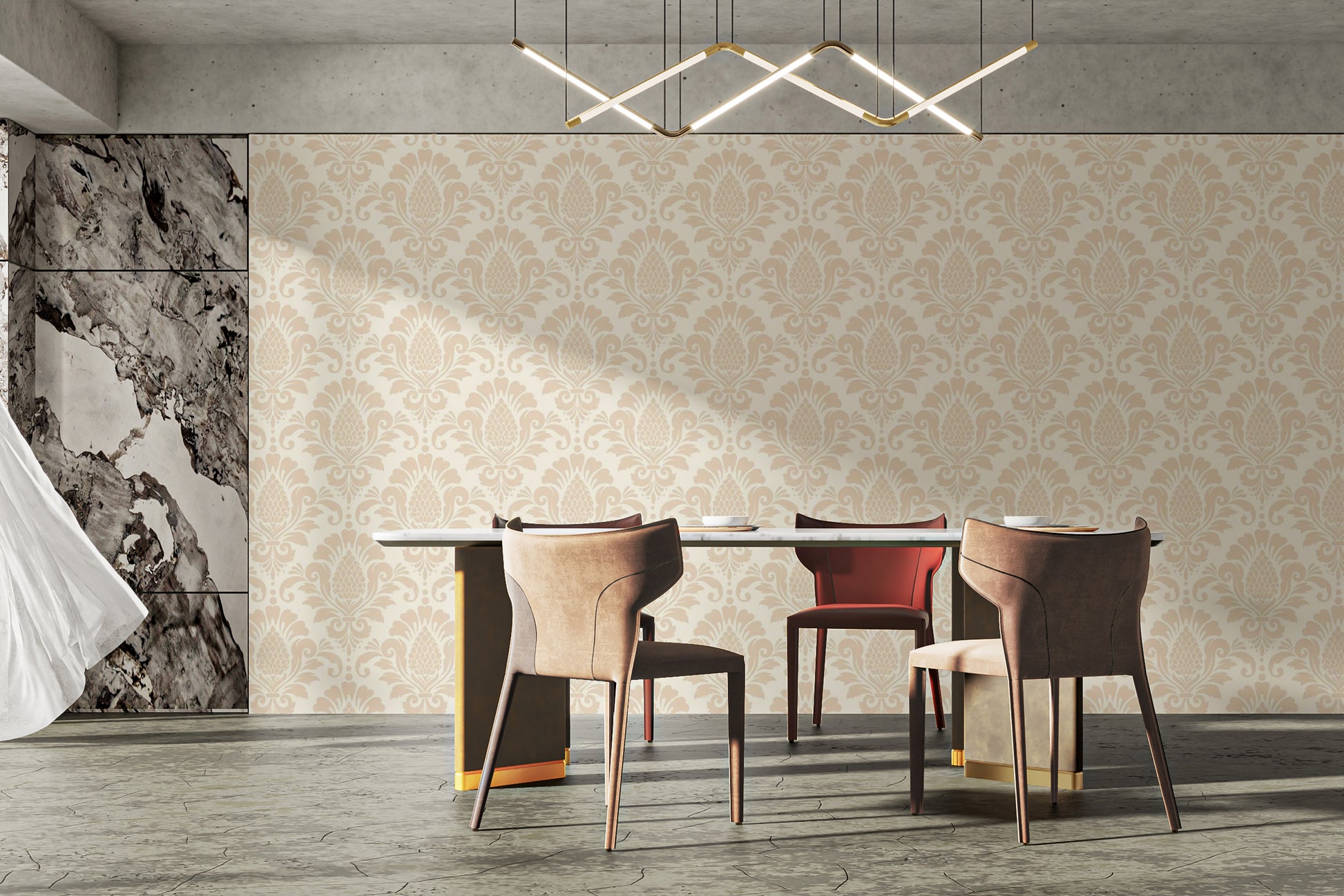 Vintage-inspired beige damask wallpaper design
