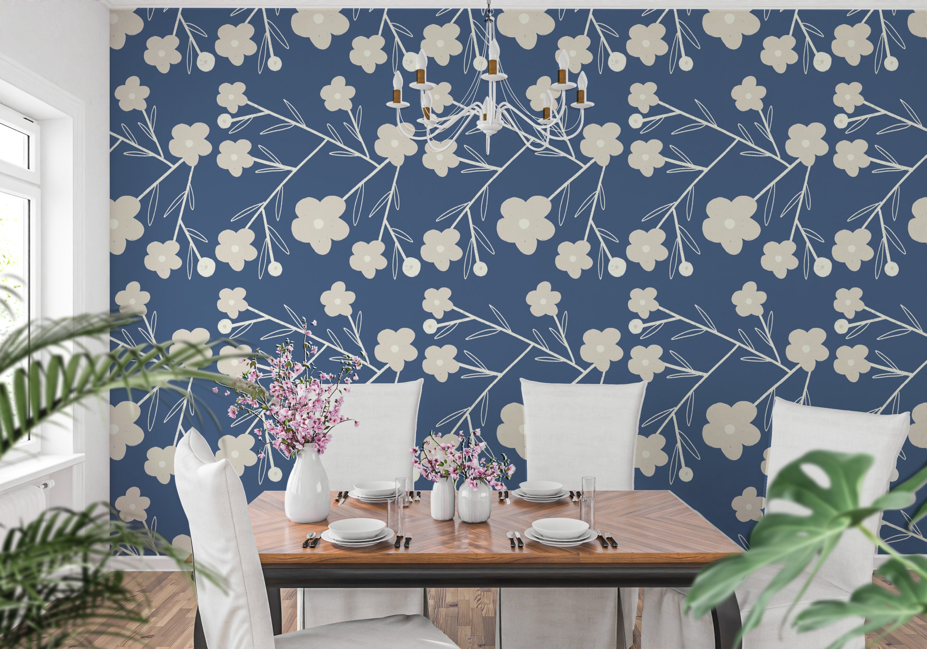 Navy Blue Modern Flower Buds Bush Wallpaper with floral design
