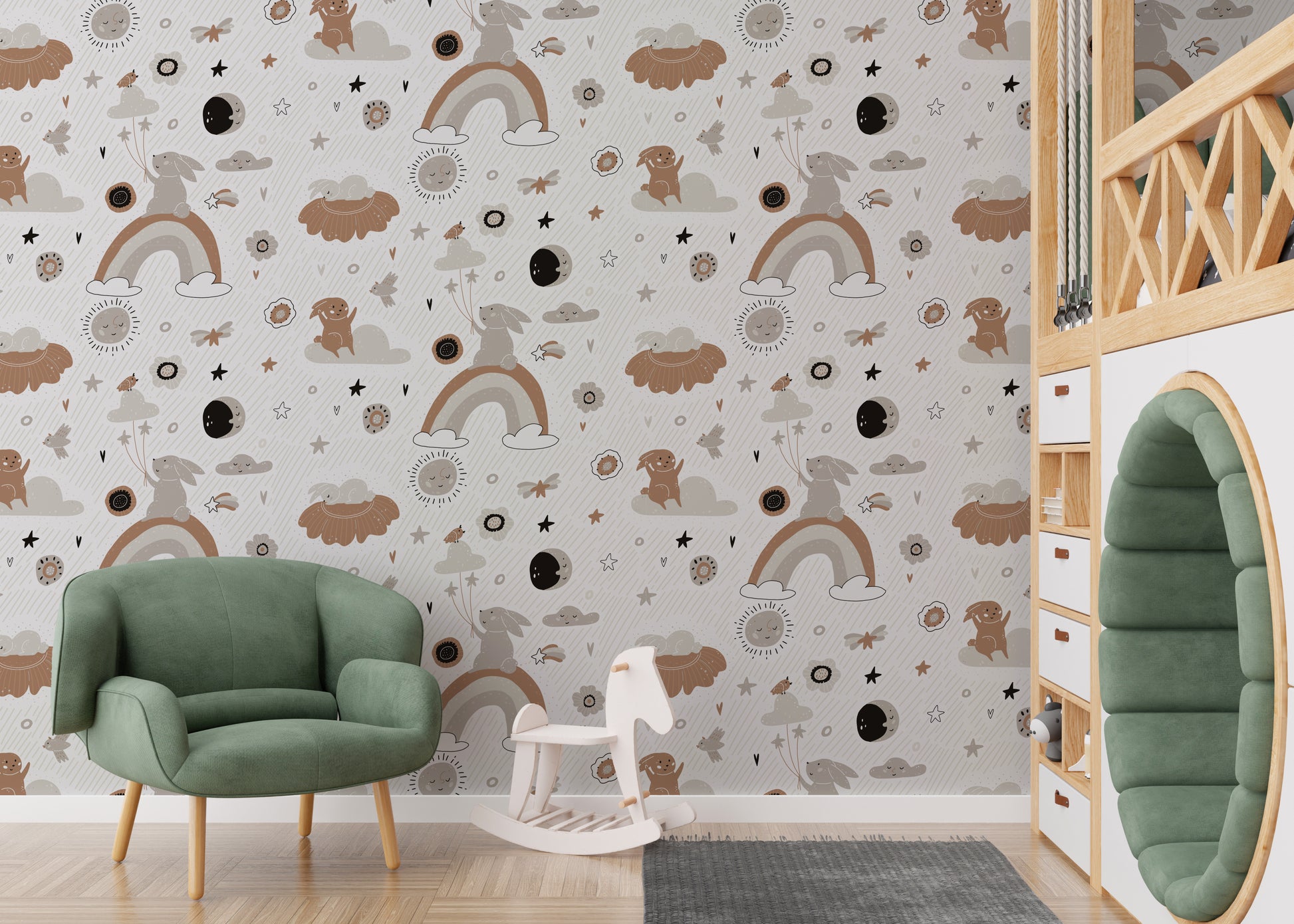 Bunnies and clouds wallpaper mural for kids