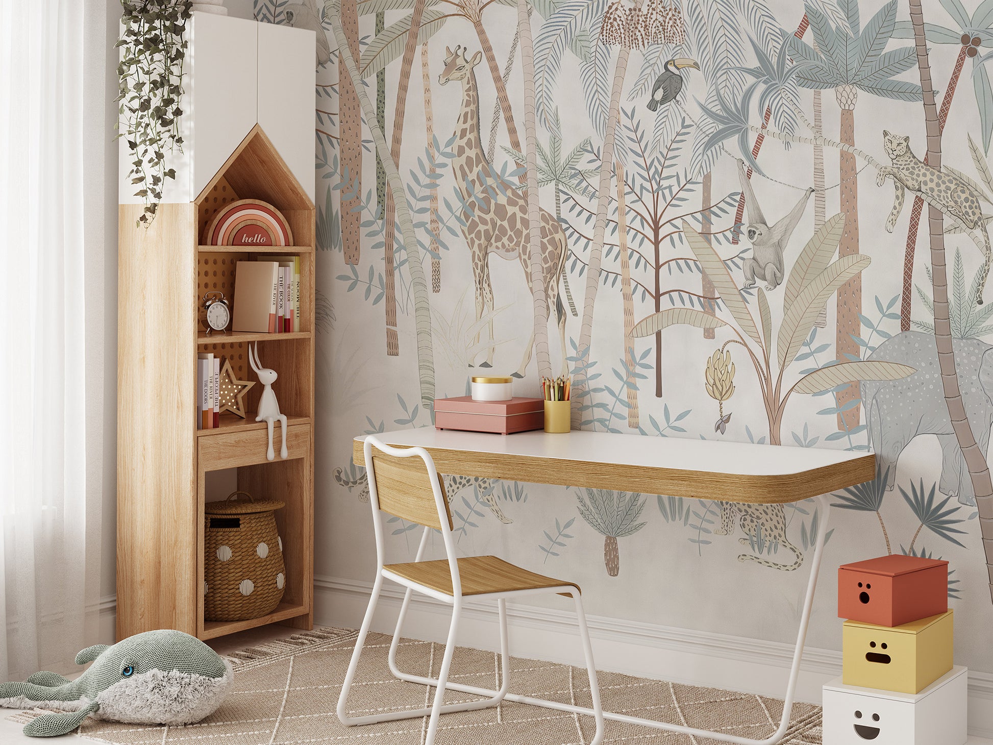 Botanical wallpaper mural with tropical fauna