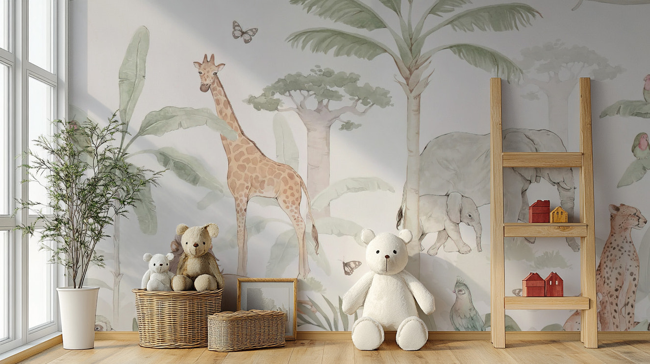 Watercolor jungle safari wallpaper with hand-painted animals
