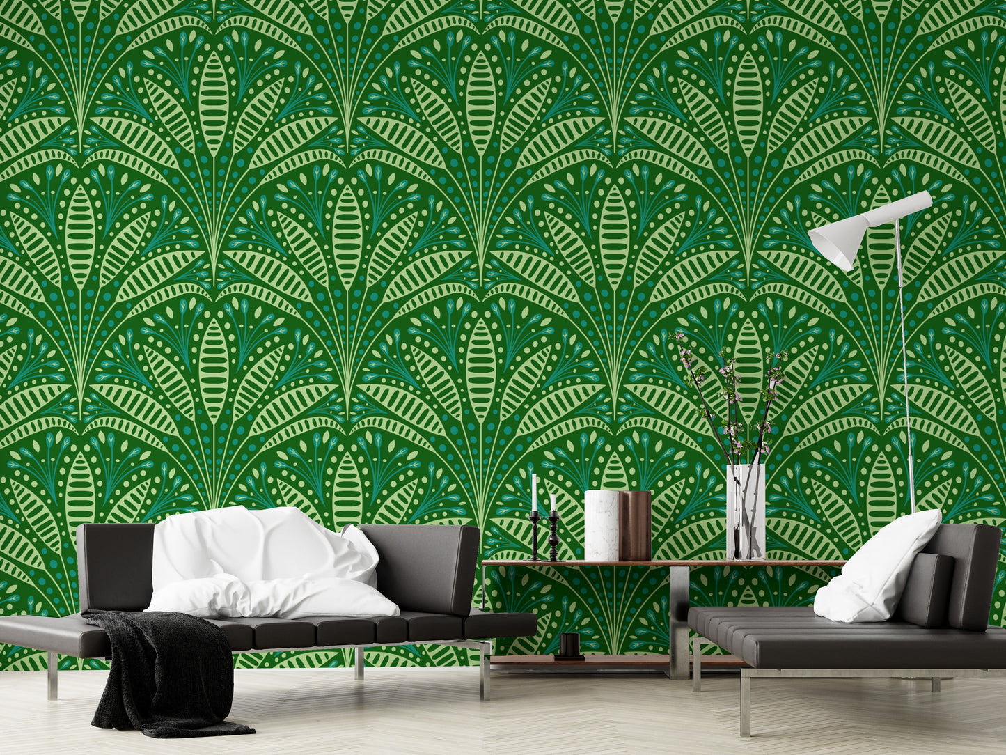 Sophisticated green palm mural for Art Deco-inspired interiors.