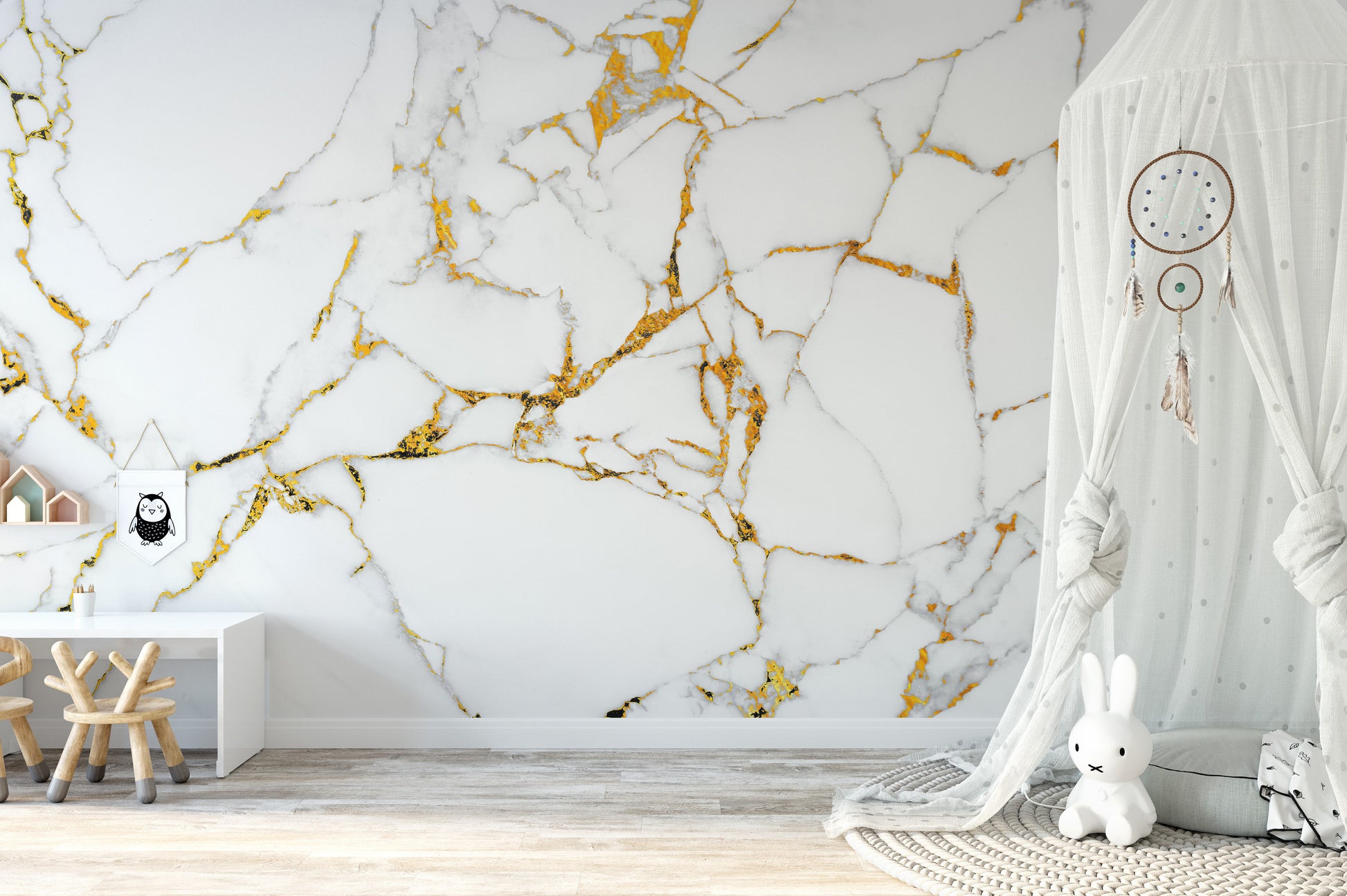 White marble wallpaper mural featuring rich Calacatta gold details.
