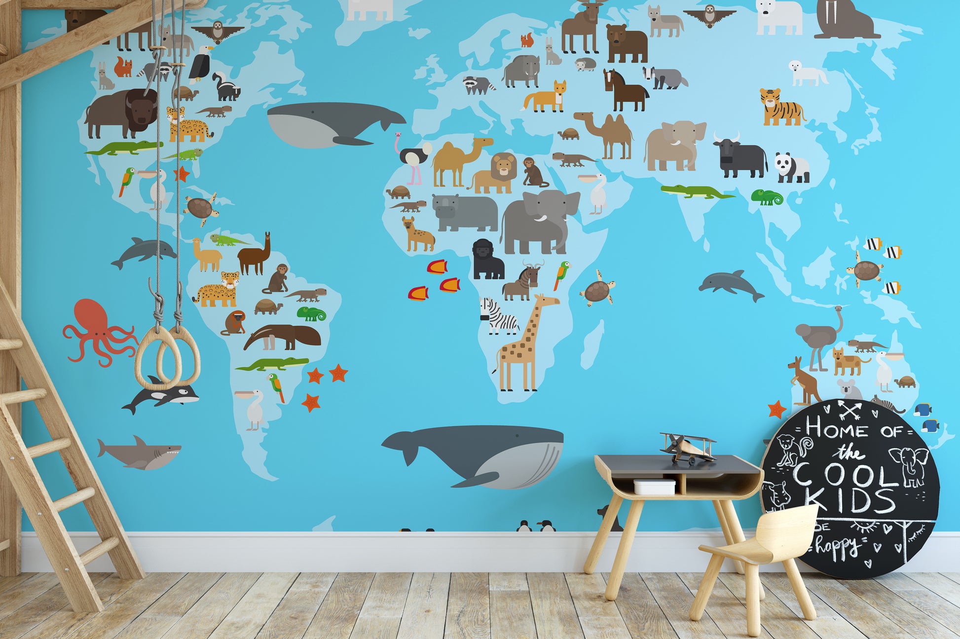 Colorful world map mural with animals for children's walls.
