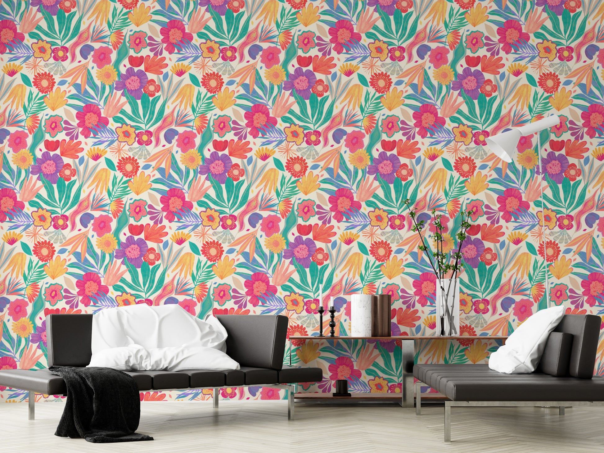 Elegant exotic blooms mural with lush floral patterns.
