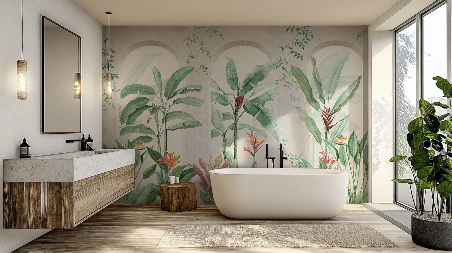 Elegant banana leaf wall mural design