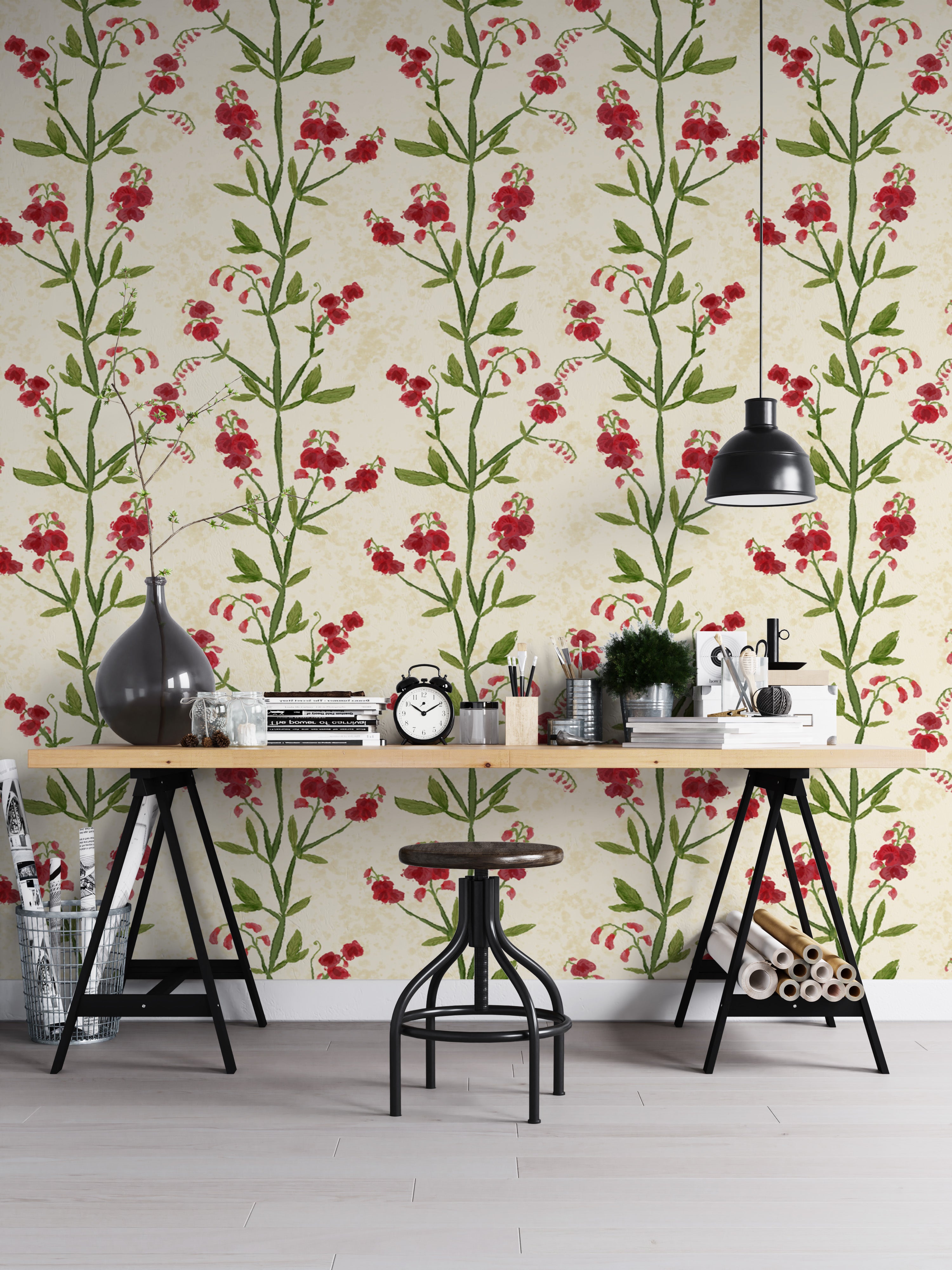 Floral sweet peas wallpaper with rich magenta leaf accents.
