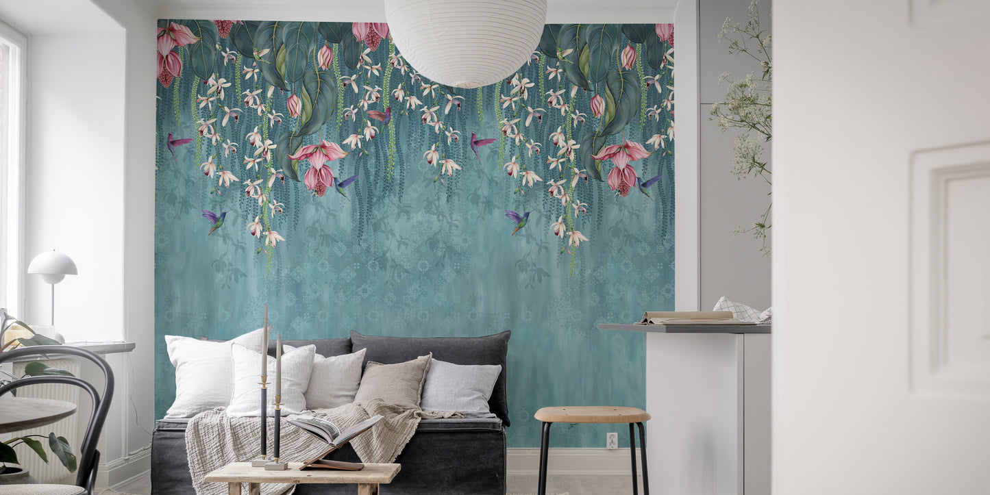 Hanging Pink Flower on Turquoise Wallpaper