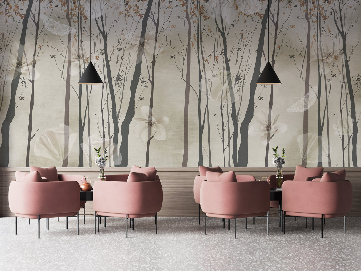 Serene beige forest wallpaper mural design
