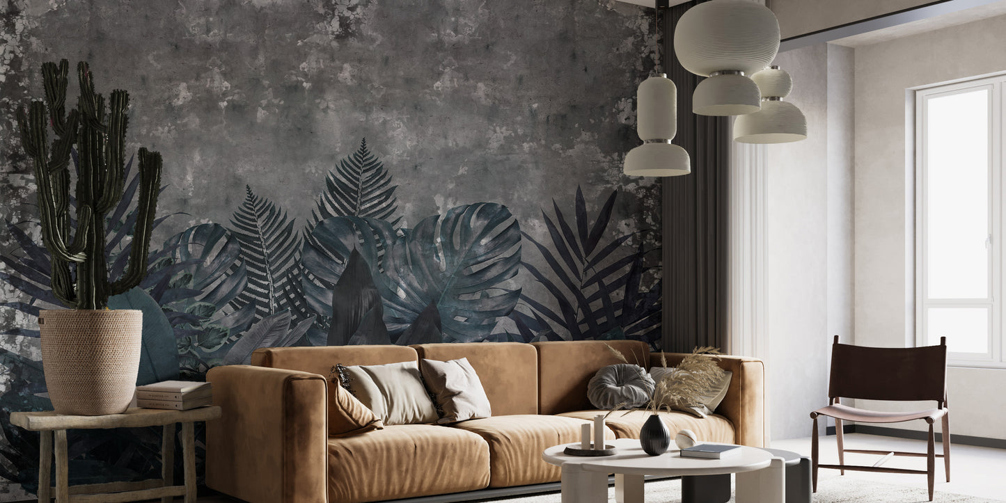 Dark Rustic Effect Tropical Leaves Wallpaper Murals