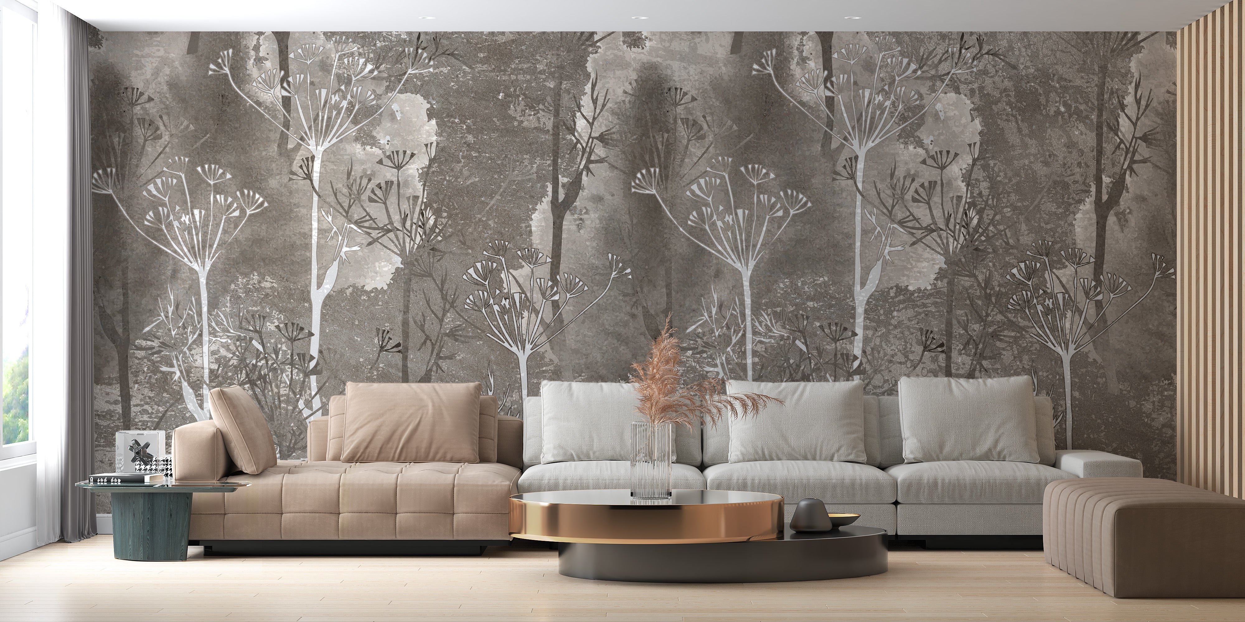 Abstract forest mural in sepia gray tones
