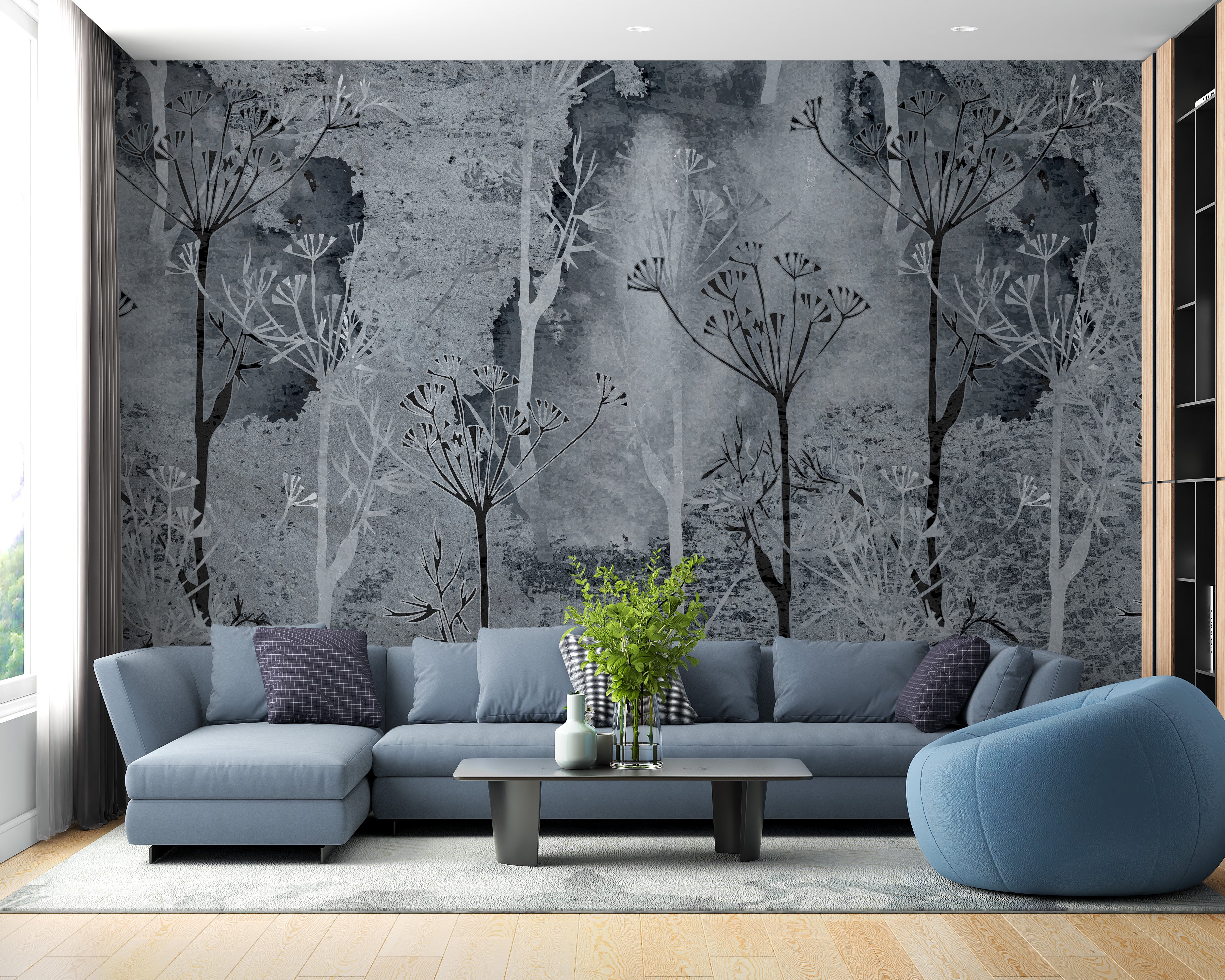 Grey grunge tropical tree wallpaper design
