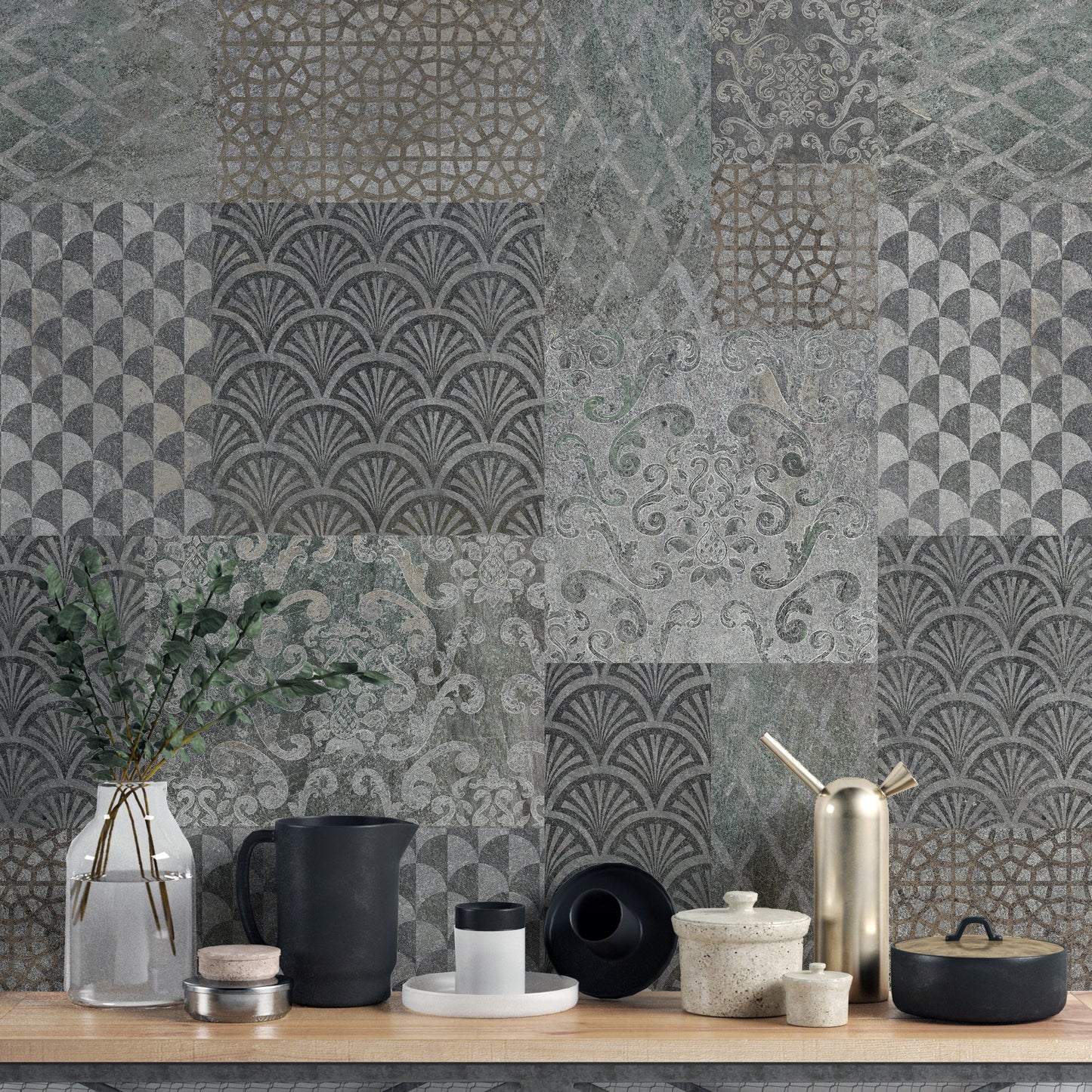 Grey Concrete Pattern Art Deco Patchwork Wallpaper Murals