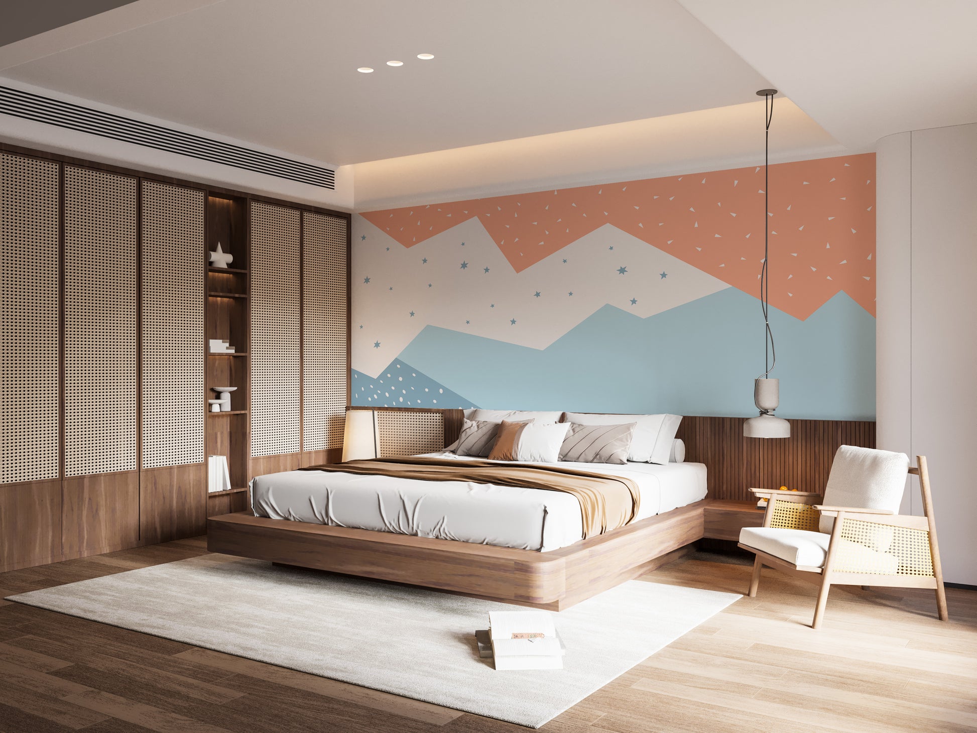 Artistic geometric mountain mural in bold tones
