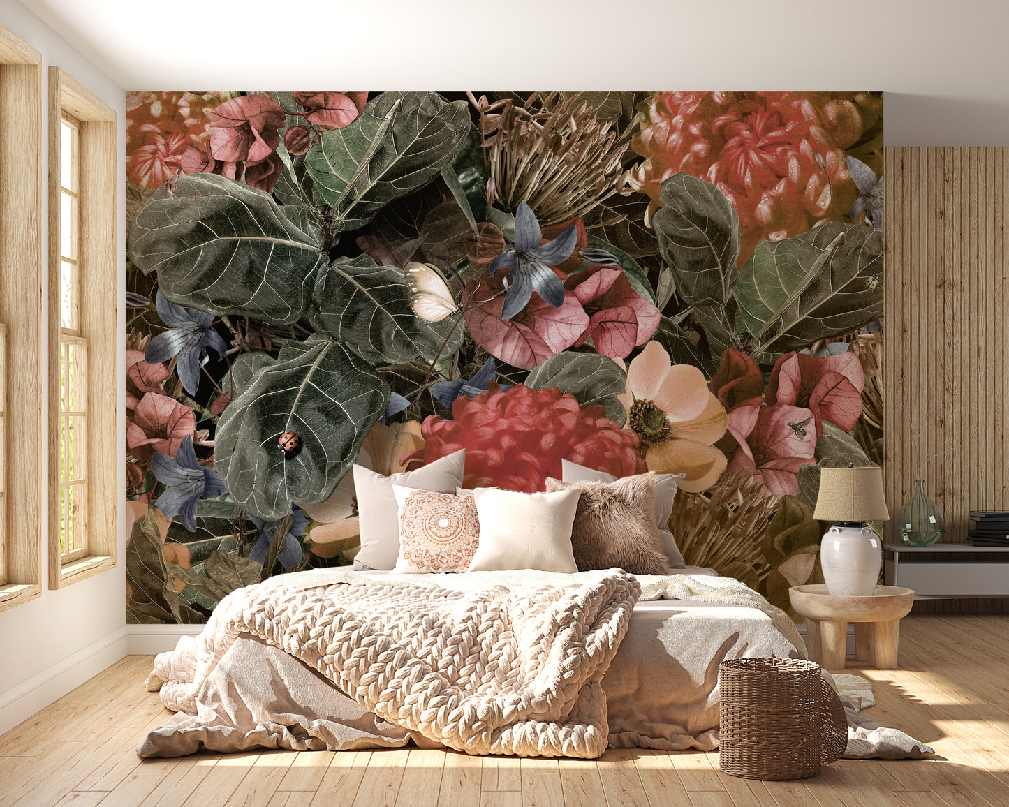 Red Green Tropical Leaves & Floral Wallpaper Mural