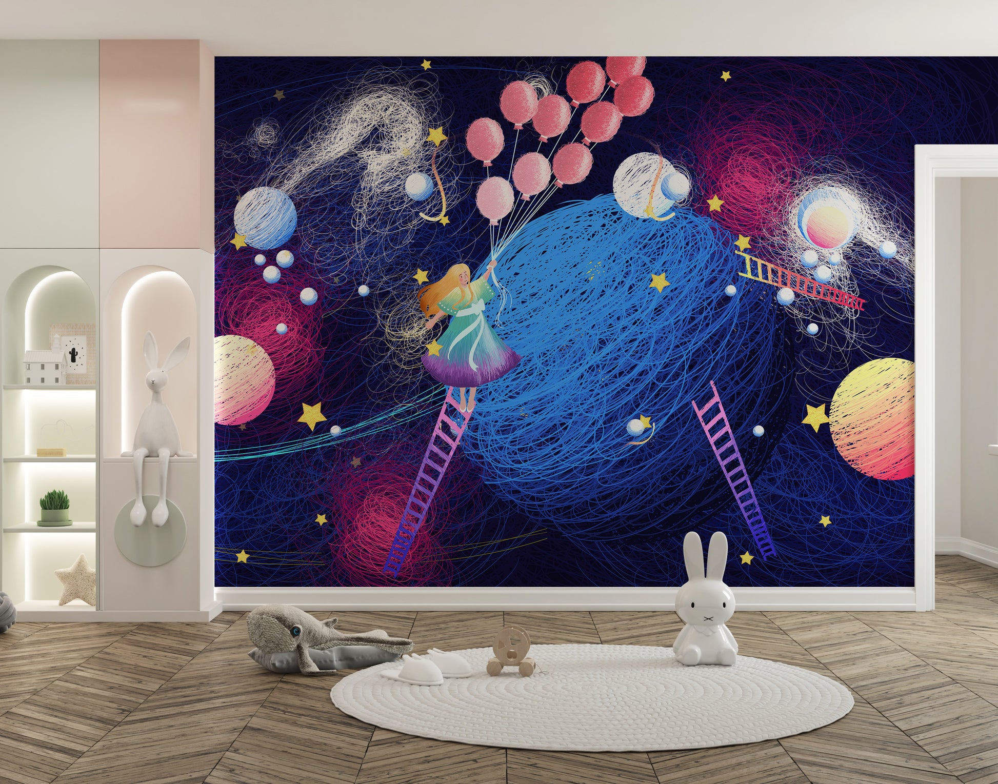 Planet-themed mural featuring flying balloons
