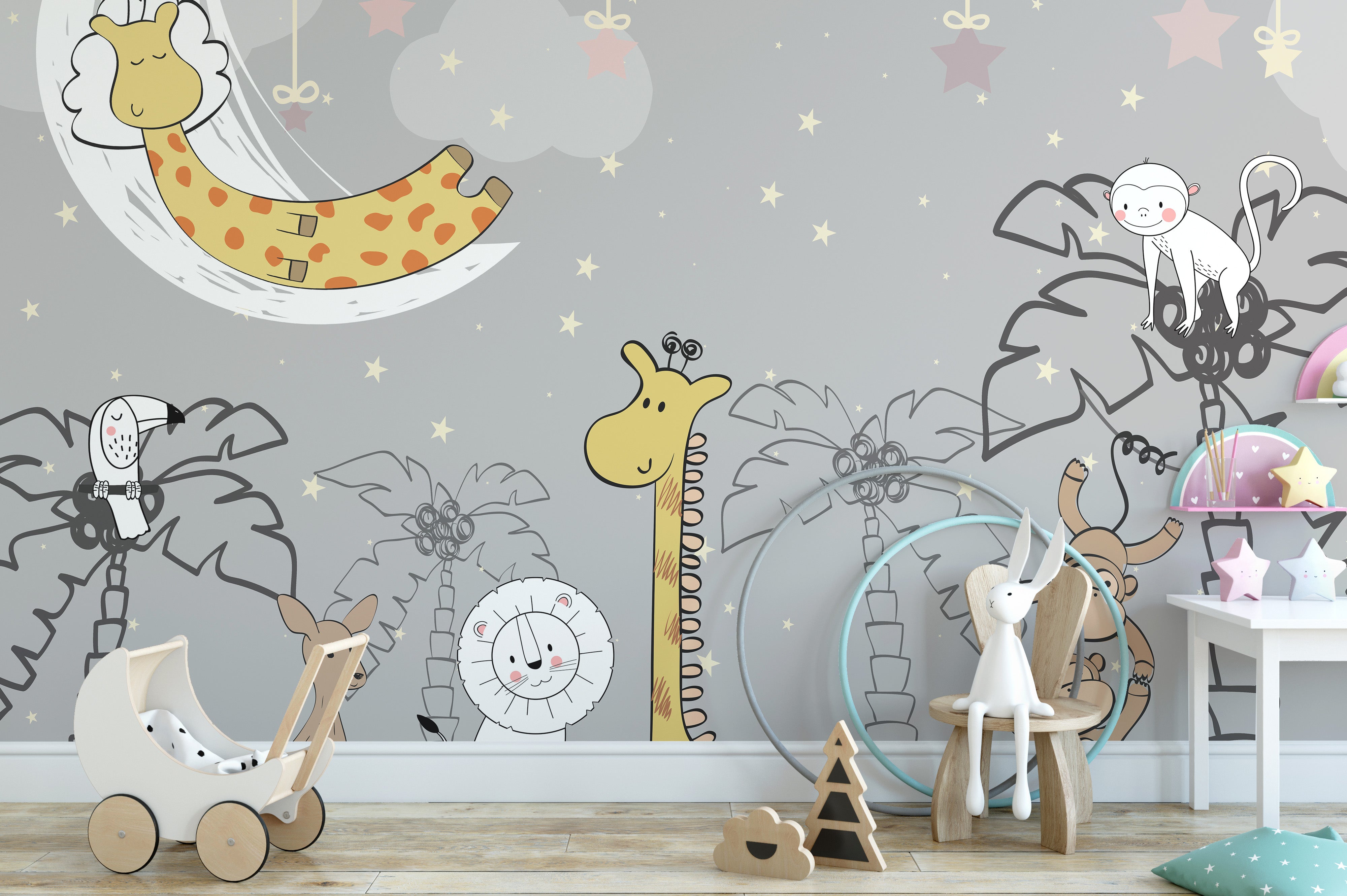 Kids’ wall mural featuring jungle animals