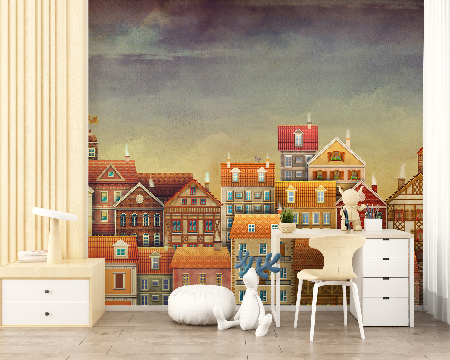 Cute Dark Color Houses Wallpaper Mural