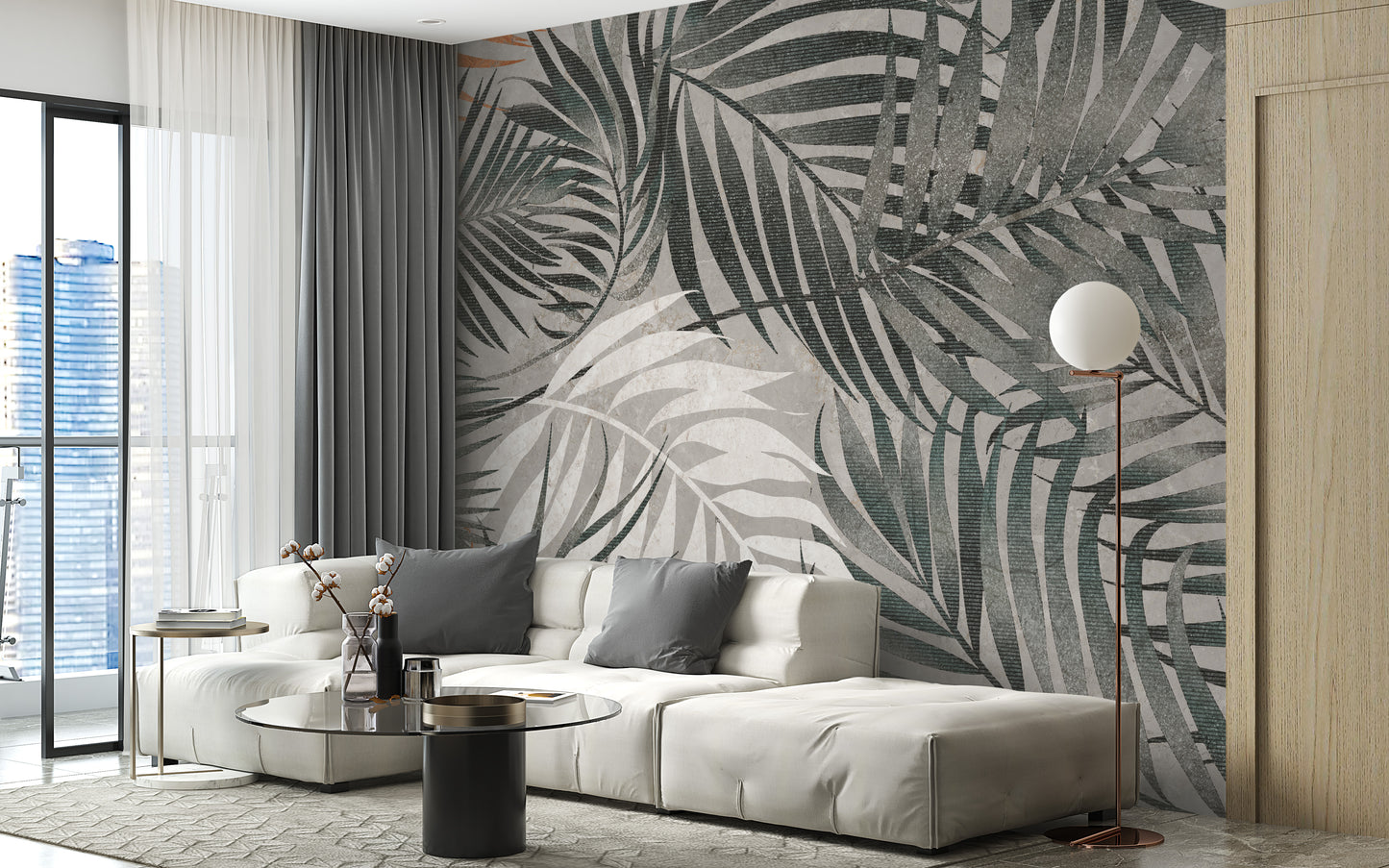 Grey Tropical Leaves Wallpaper Mural