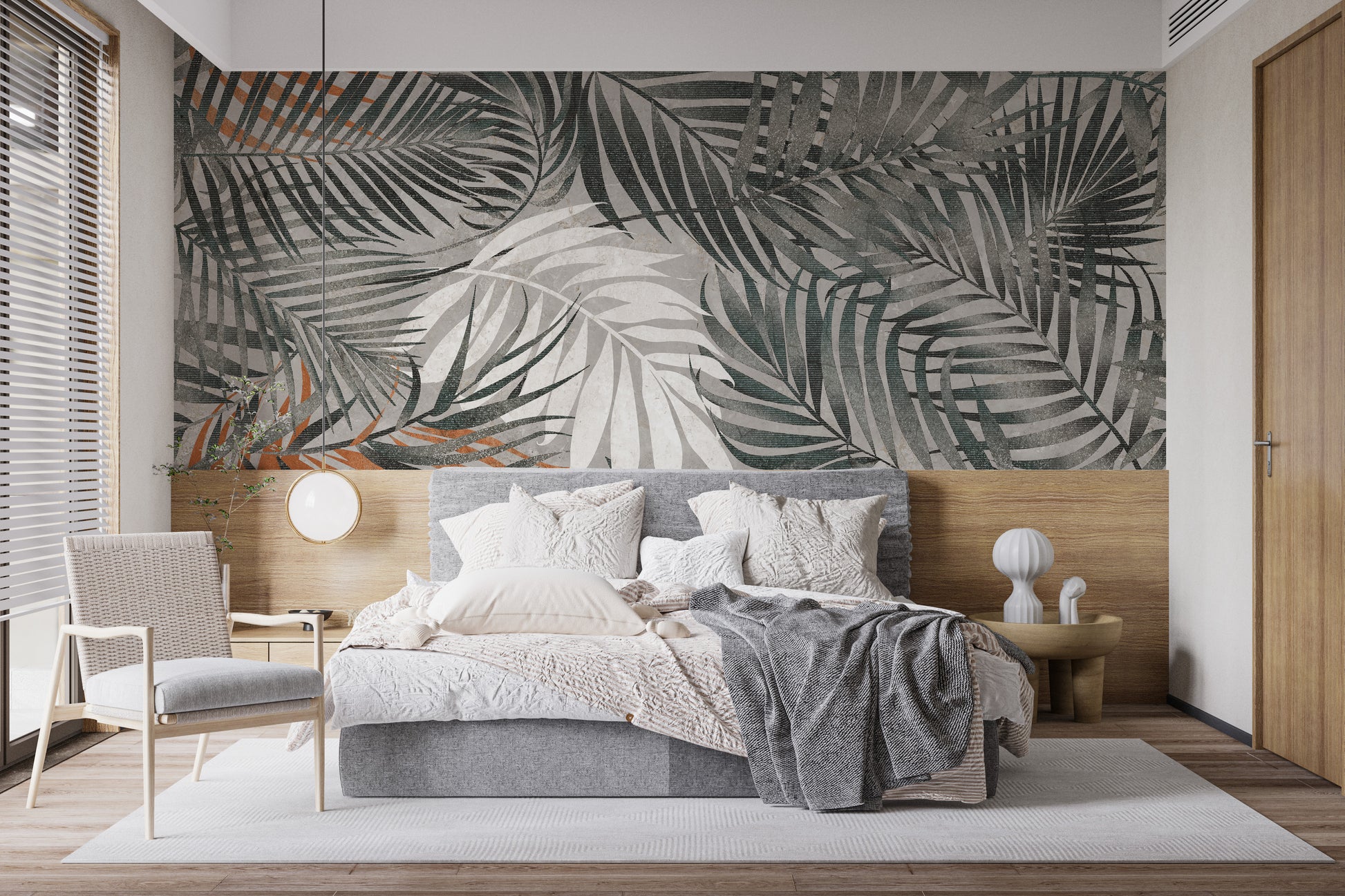 Modern grey wallpaper with tropical leaves
