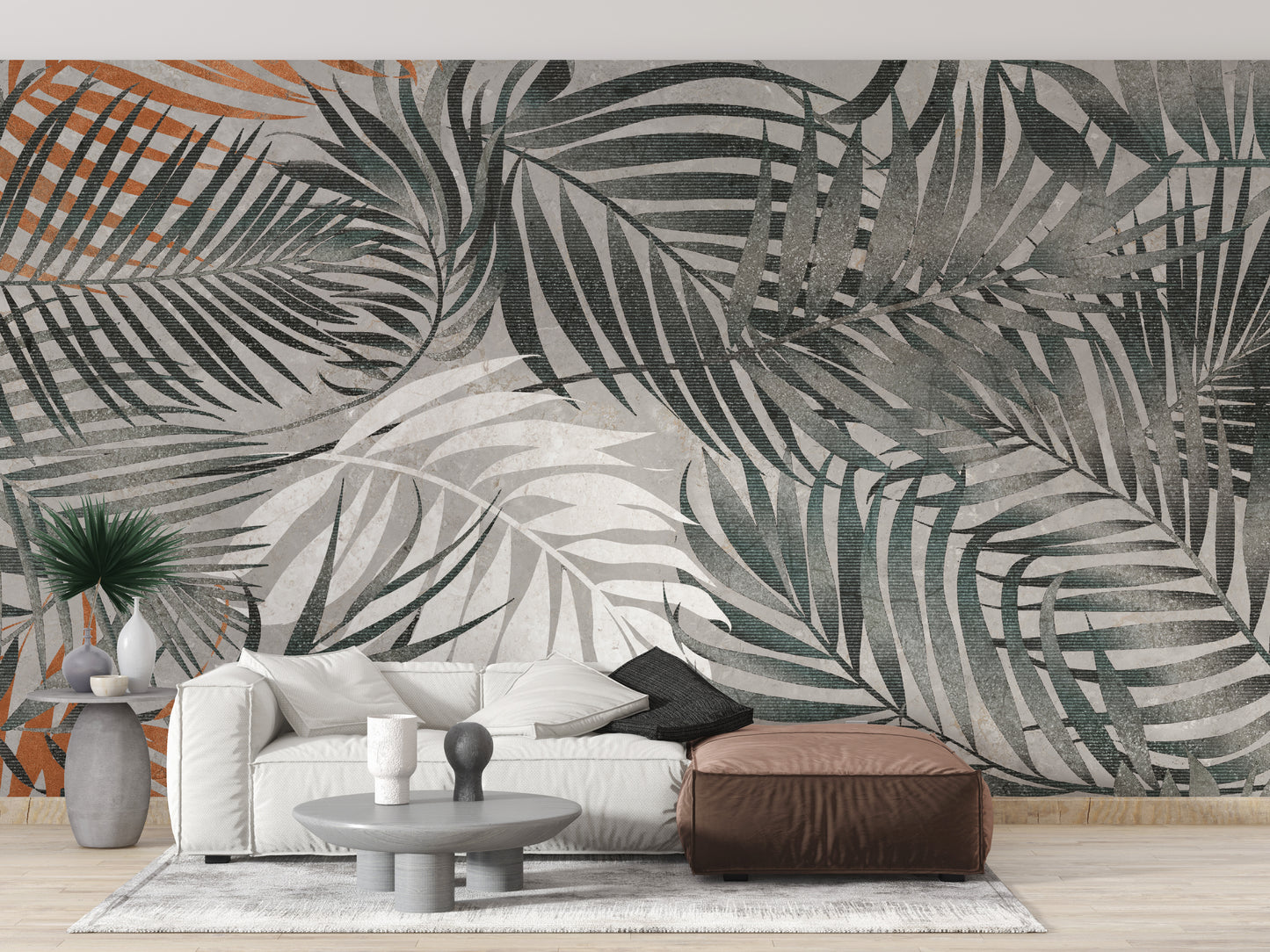 Grey Tropical Leaves Wallpaper Mural