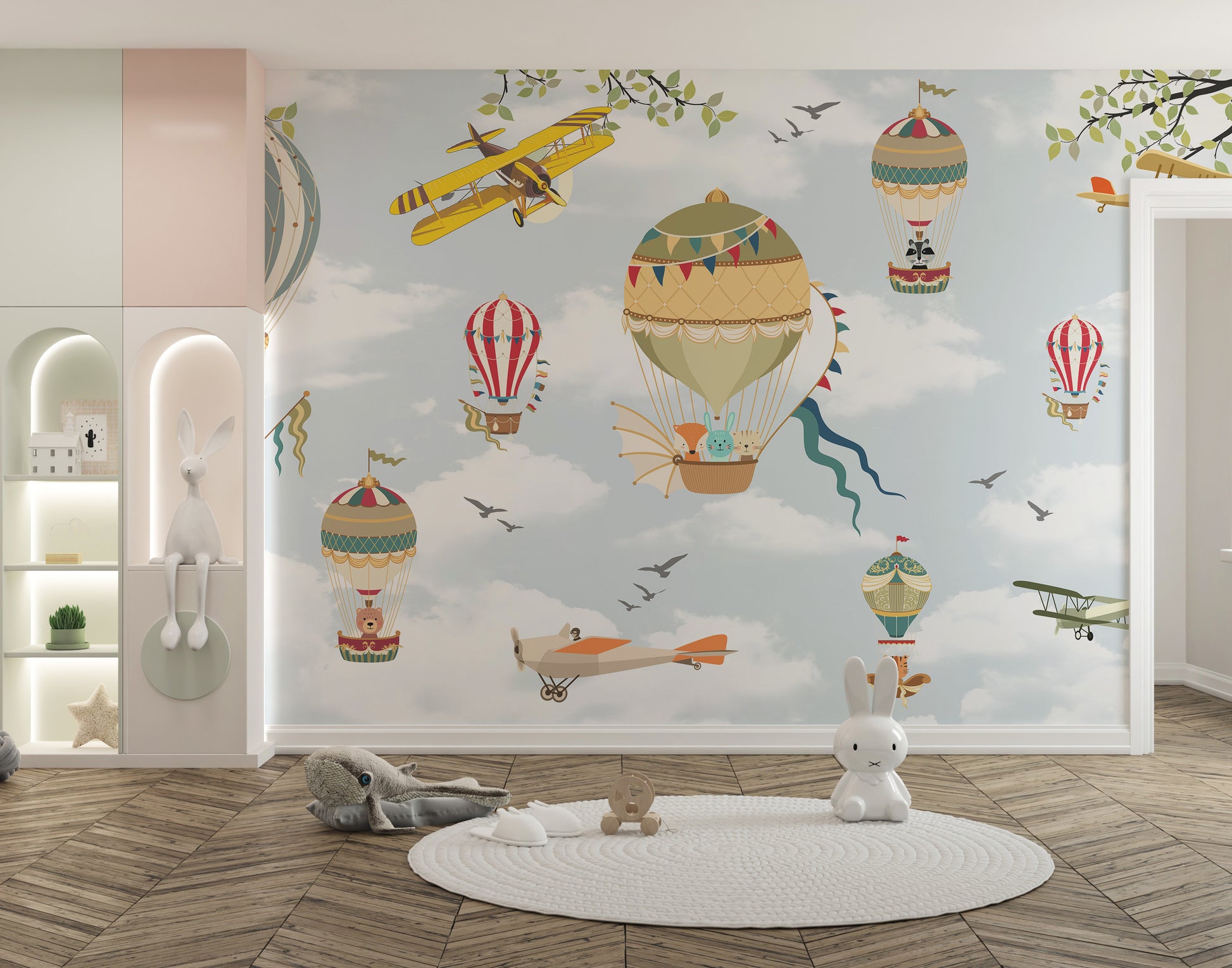 Cheerful balloon-themed wall mural for kids
