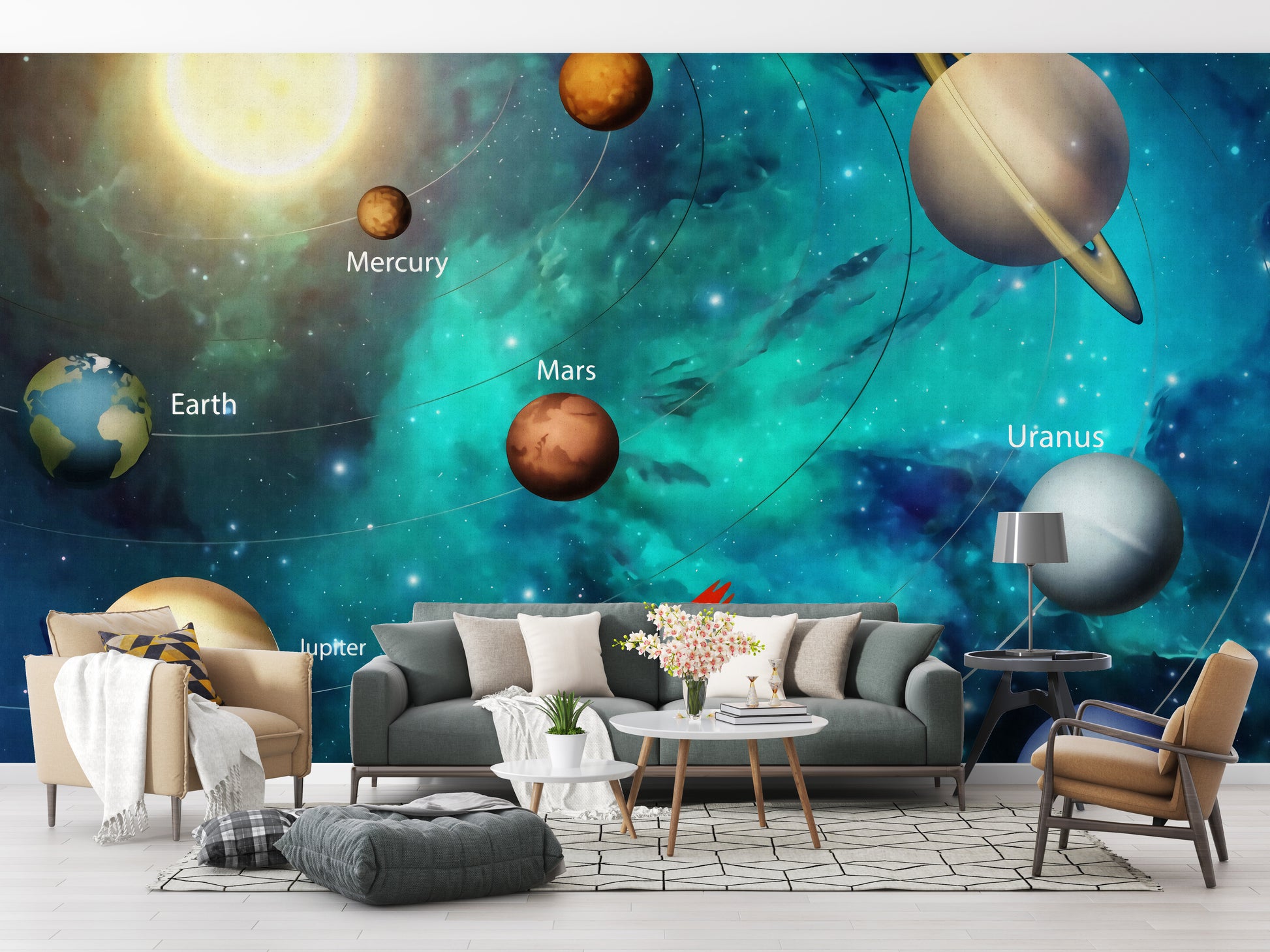 Fun solar system mural for kids’ rooms
