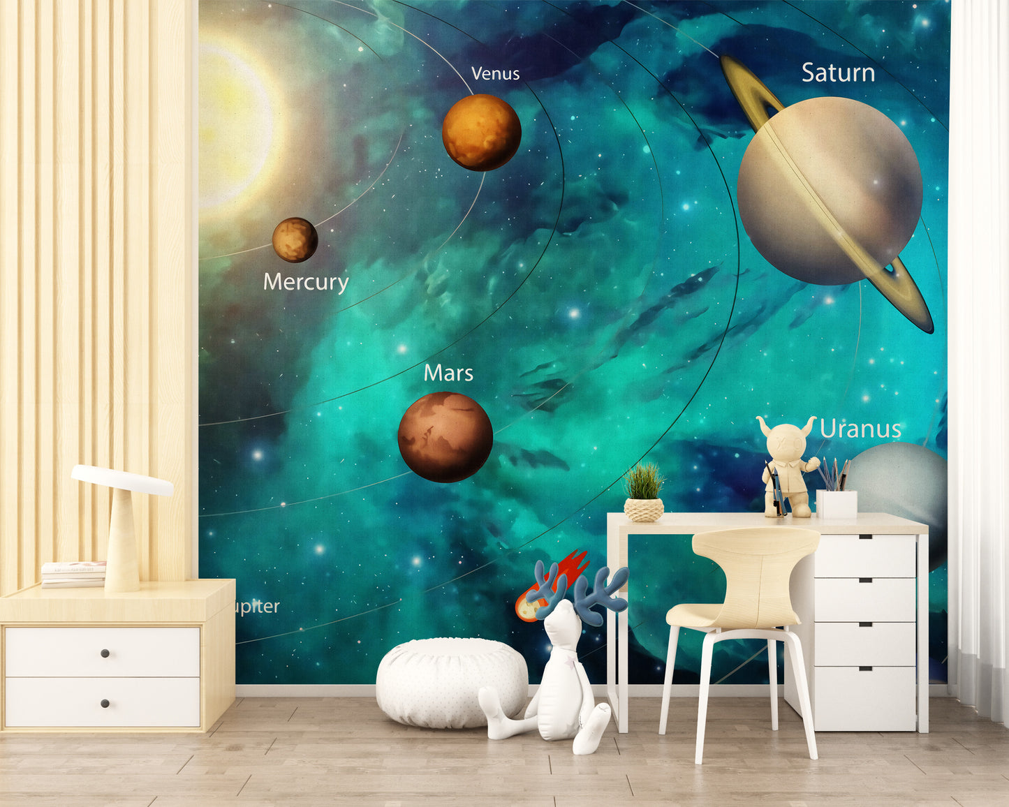 Whimsical planets wallpaper for kids’ decor
