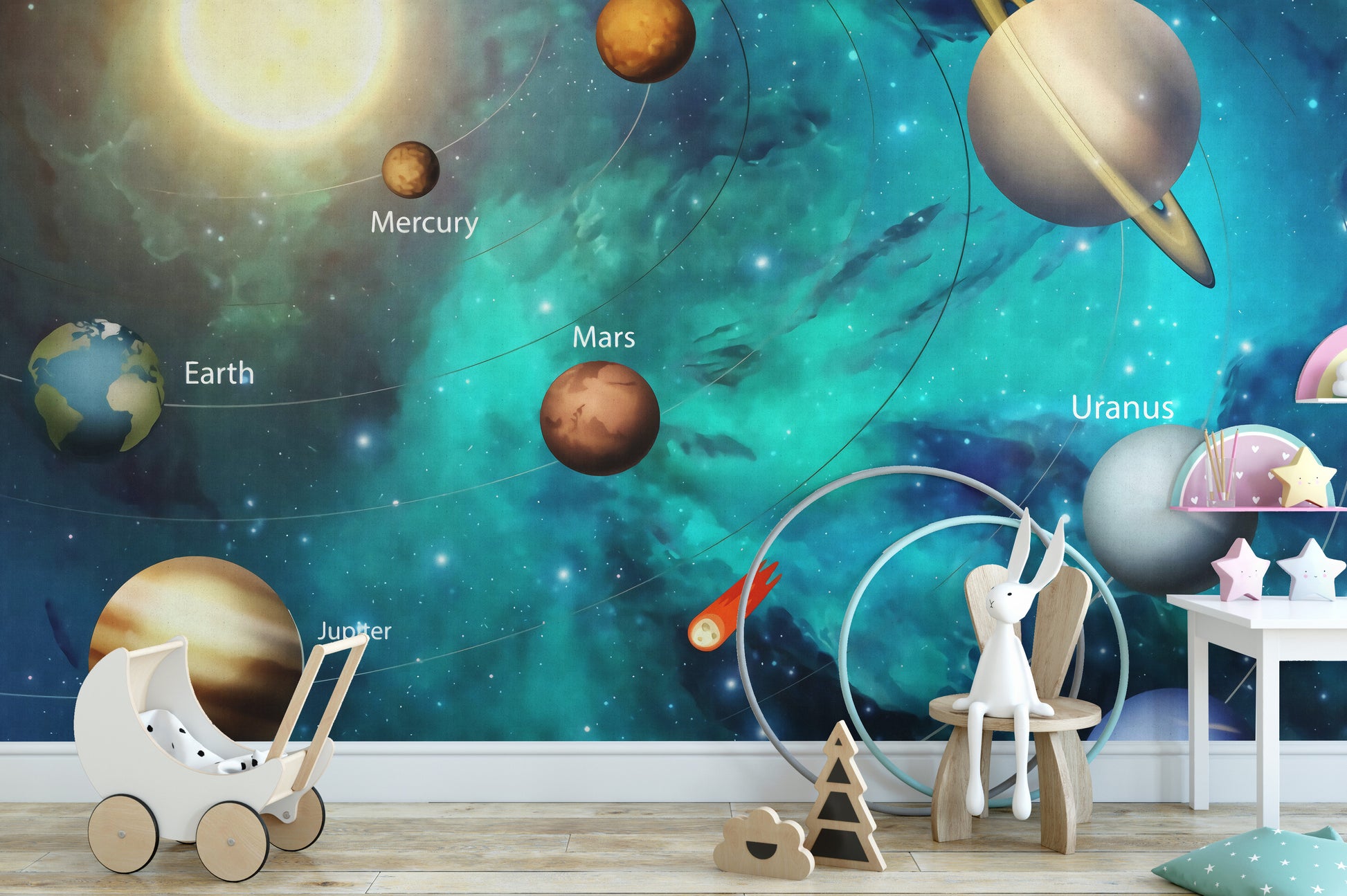 Kids wallpaper featuring planets and stars
