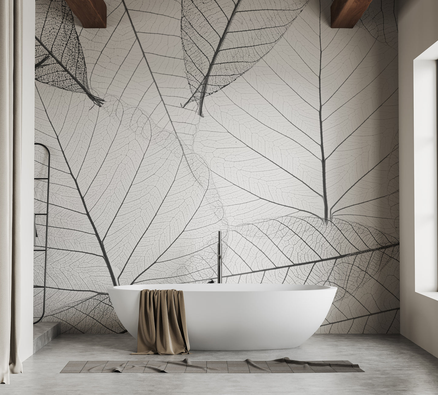 Black & White Large Veins Leaves Wallpaper Mural