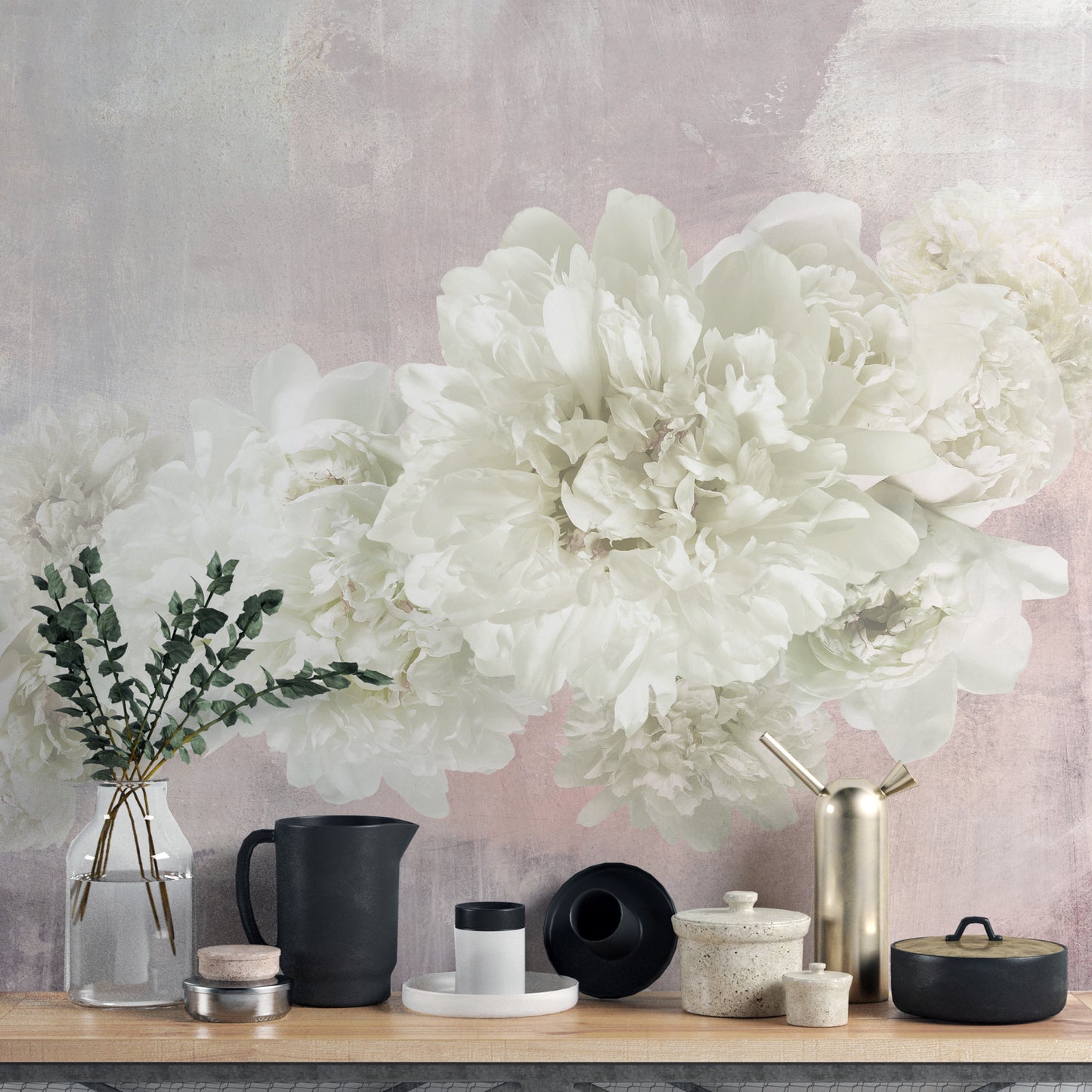 Elegant white peonies on pink wall mural