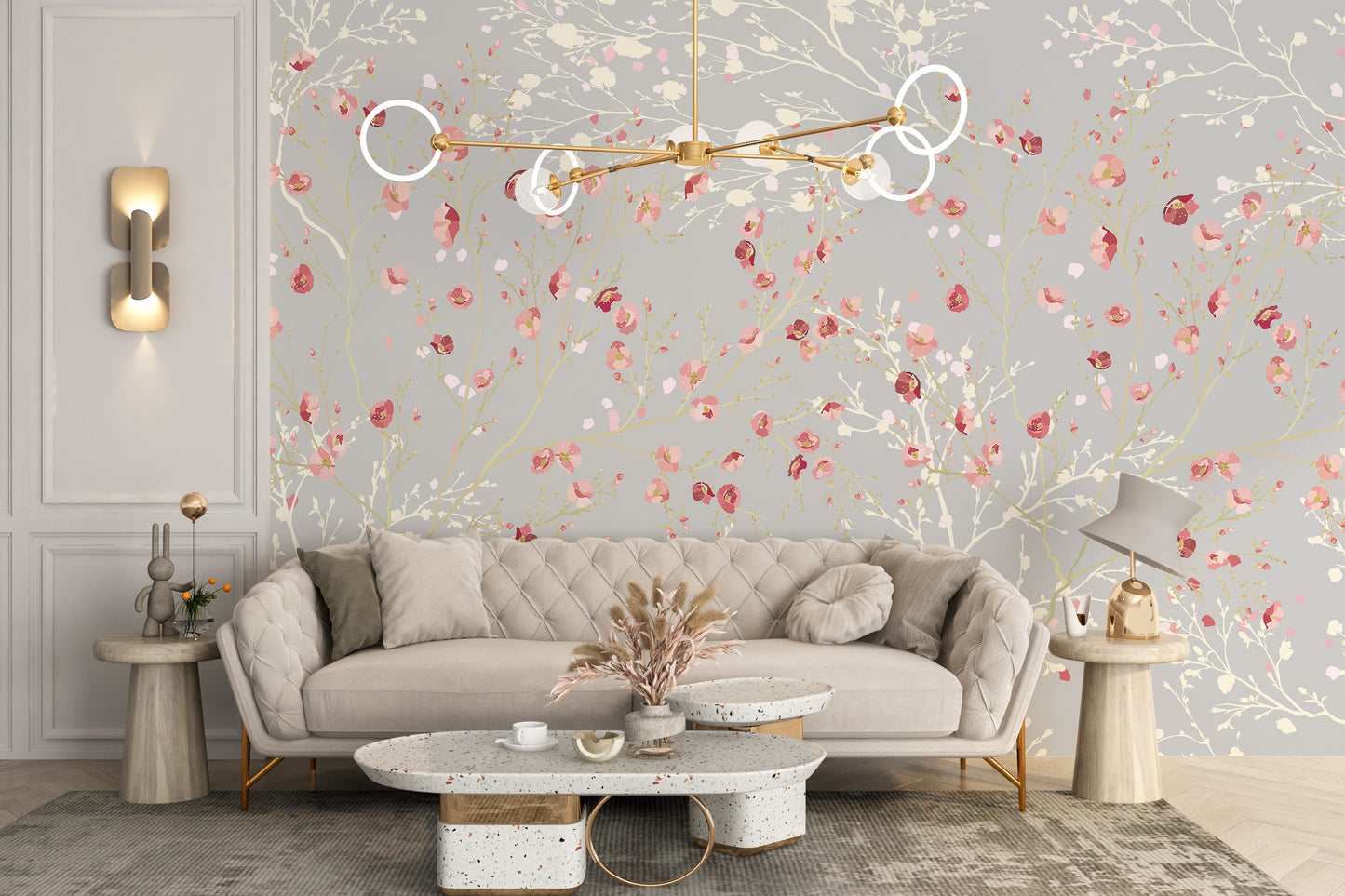 Elegant white and red floral wallpaper mural