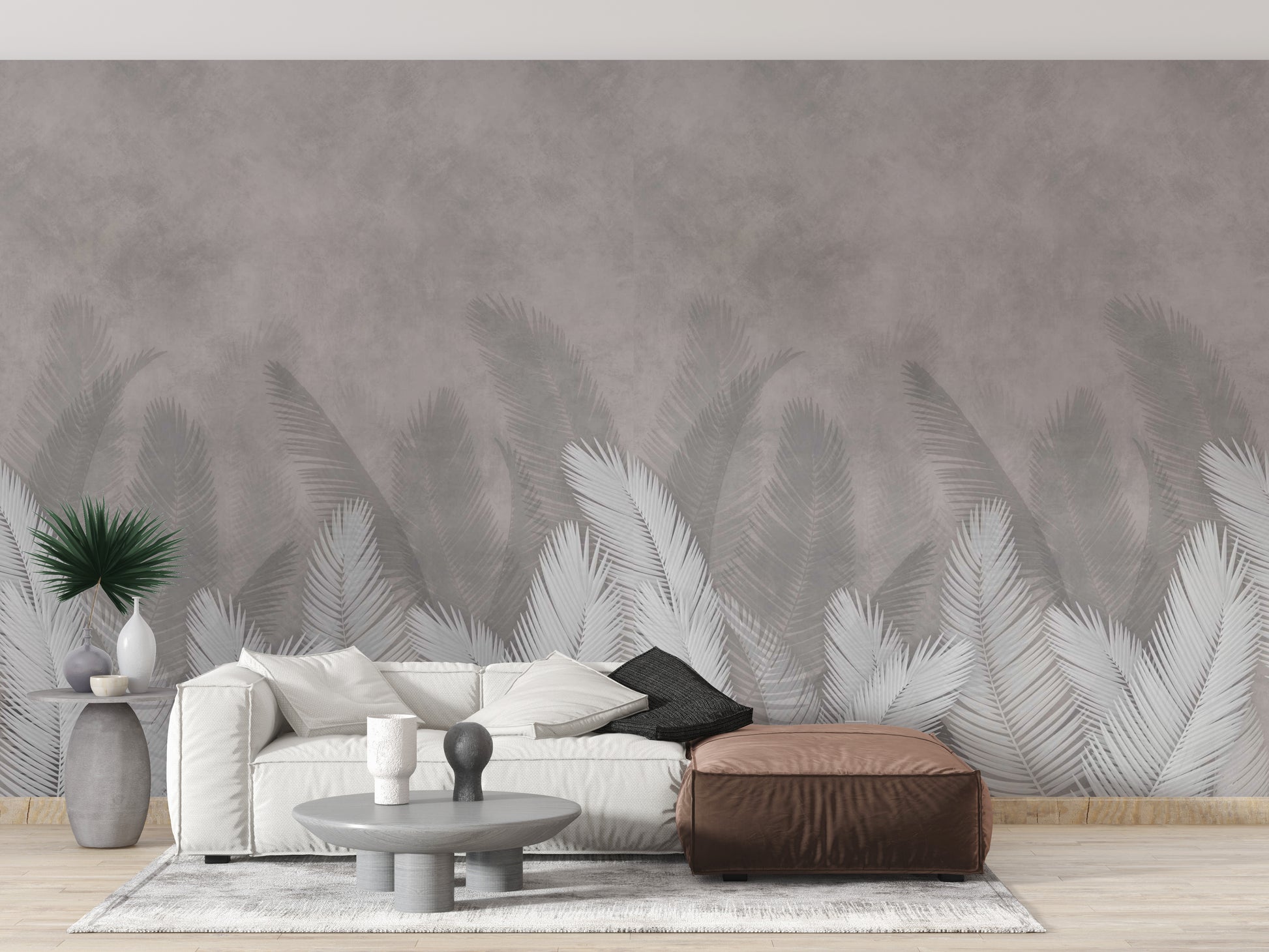 Palm leaves wallpaper in gray tones design