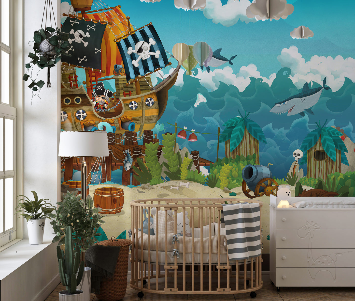 Kids wallpaper mural with pirates on sea