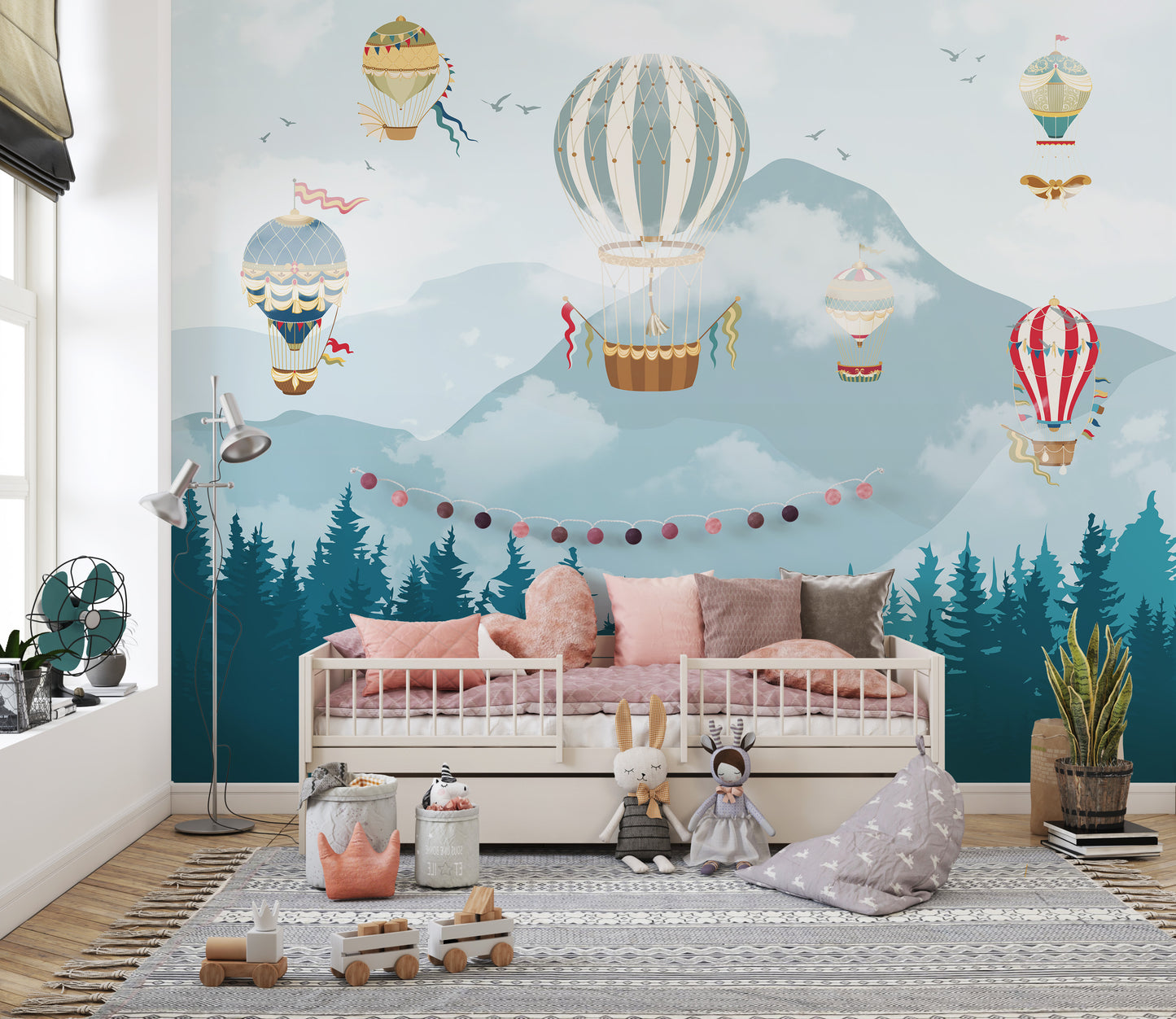 Kids room mural with jolly hot air balloons