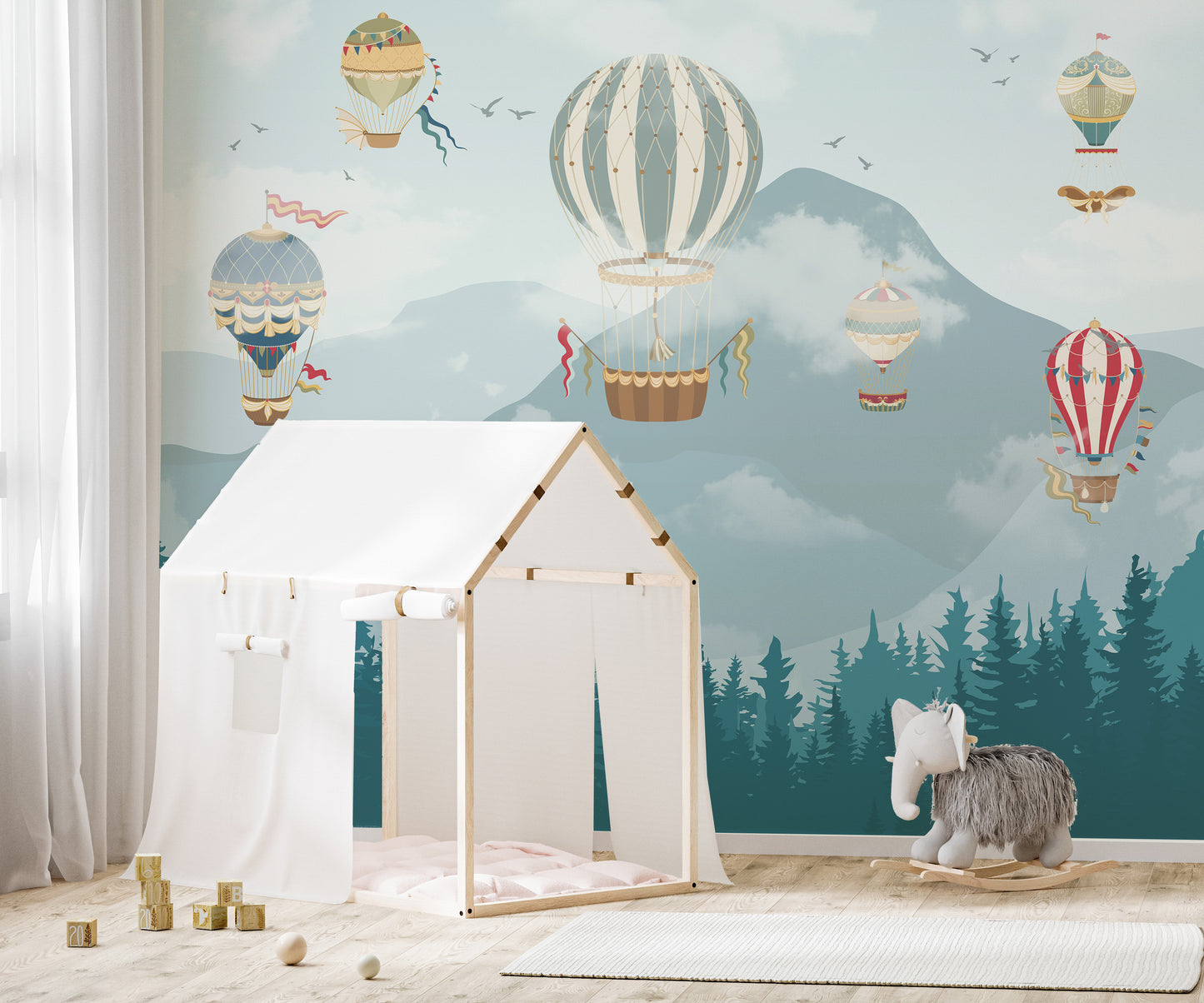 Colorful hot air balloons wallpaper mural for kids