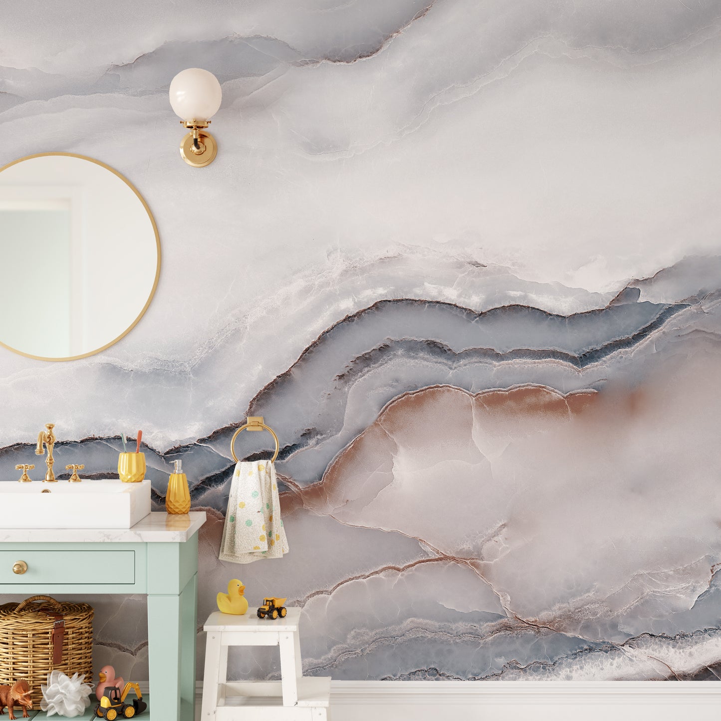 Bold white clouded marble mural for spaces