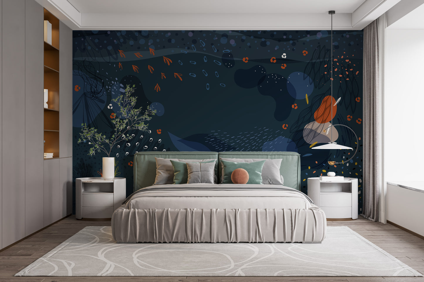 Blue Modern Abstract Floral Wallpaper Mural