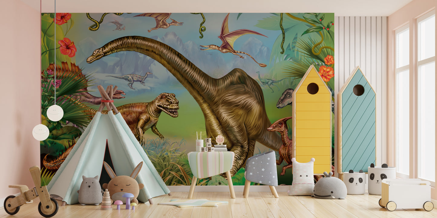 Colorful dinosaur world wallpaper for kids' rooms