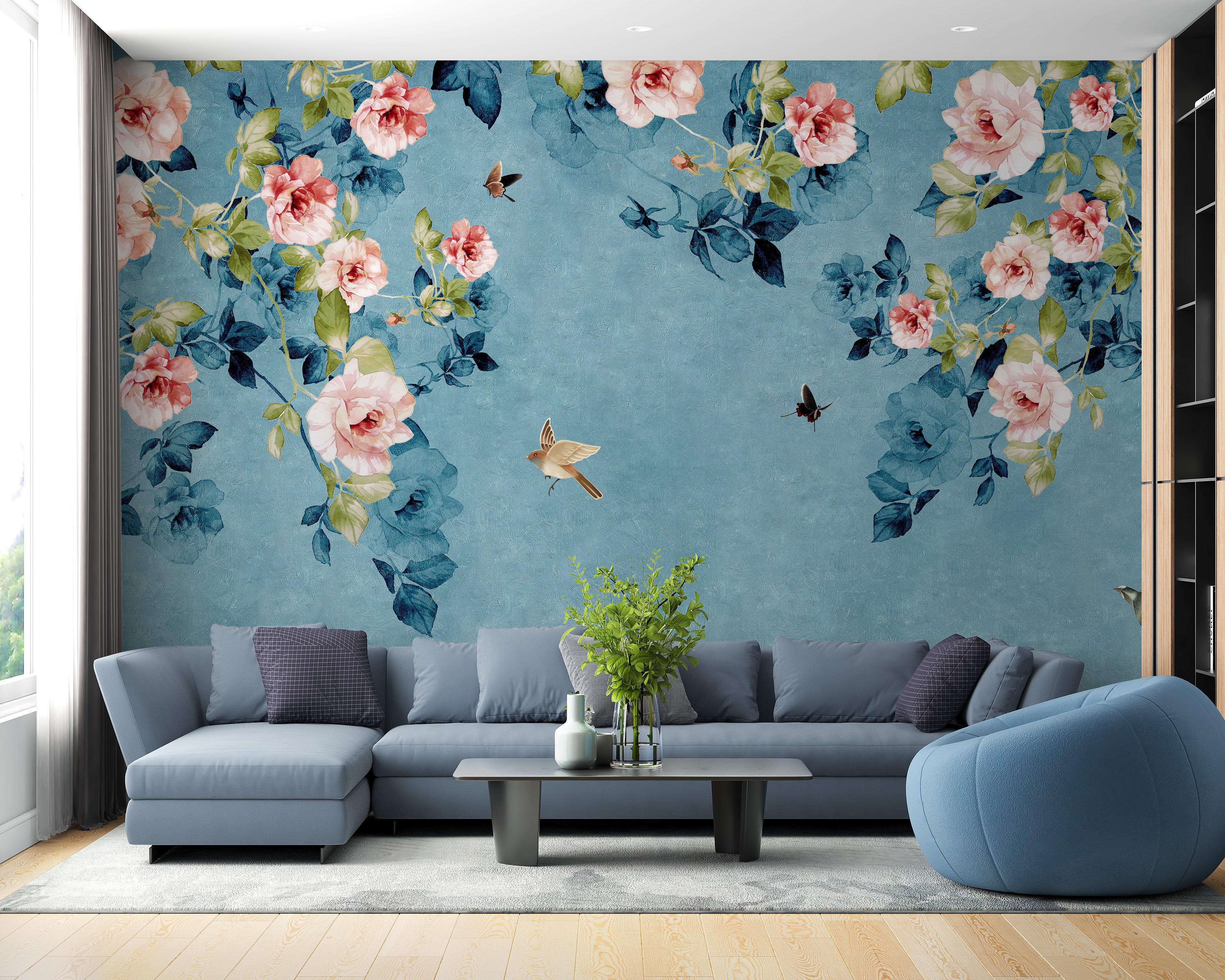 Watercolor Pink Roses on Blue-Green Wallpaper