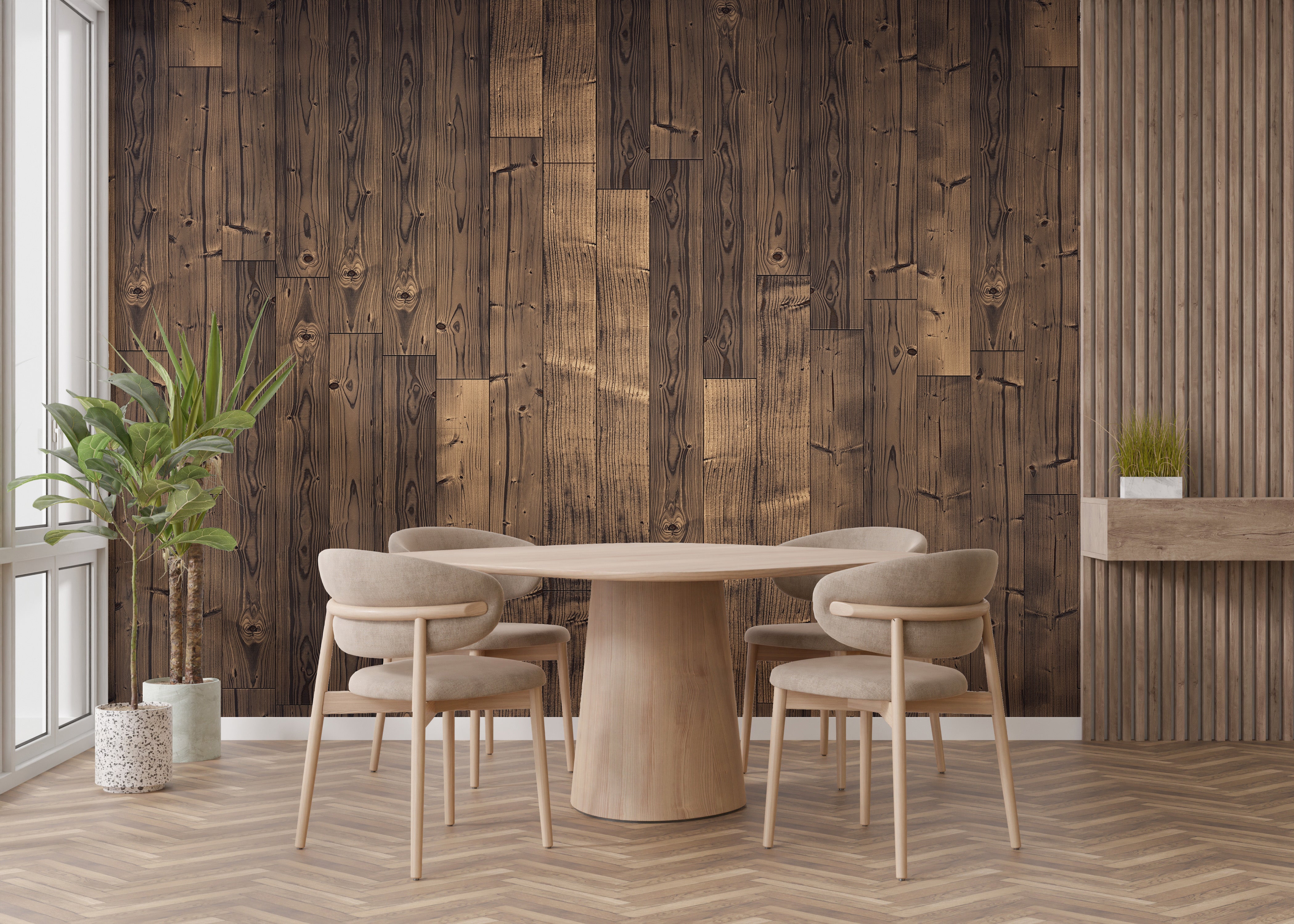 Natural dark brown oak wood wallpaper for walls