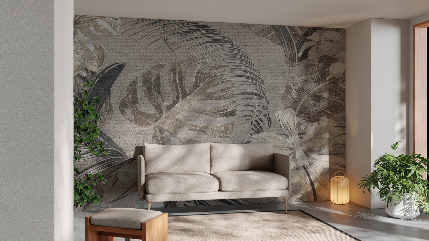 Delica sepia flower and leaves wallpaper mural